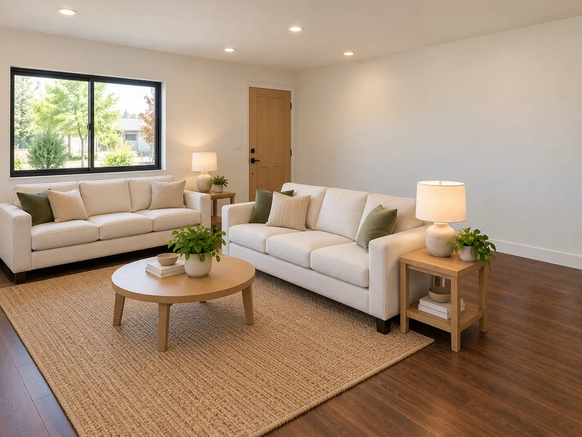 Rendering of the ADU 1200-2 great room toward the front: a white sofa under a wide black-framed window on the left, the light-oak front door in the front wall beside the corner, a plain white wall running back from it on the right, a second white sofa facing into the room with a light-wood end table and lamp at its near end, and a round light-wood coffee table on a jute rug.