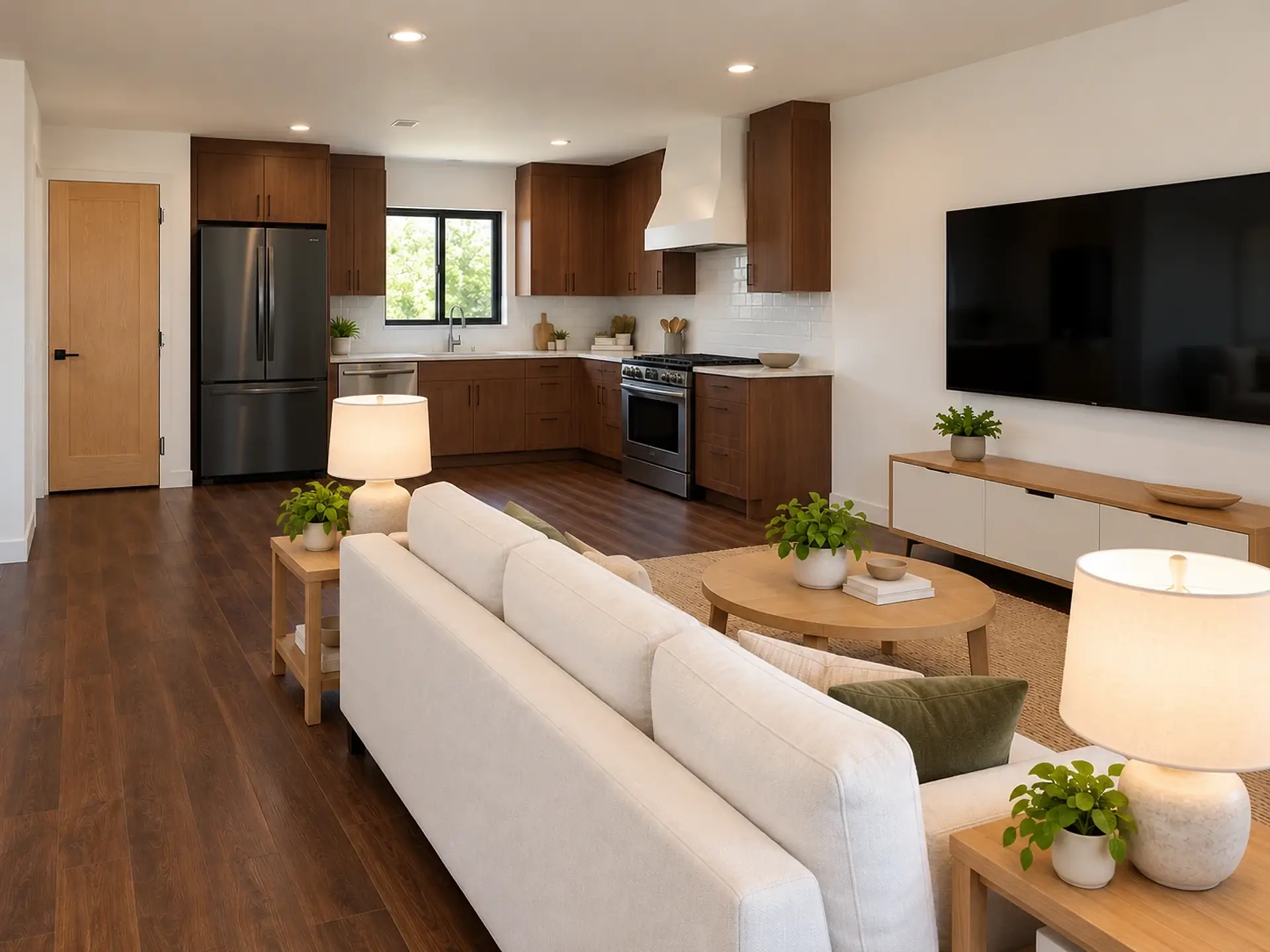 Rendering of the ADU 1200-2 great room and kitchen from just inside the front door: the back of a white sofa in front, with light-wood end tables and white ceramic lamps at both ends, a round light-wood coffee table on a jute rug, the TV on the end wall over a white and light-wood console, and the kitchen in the far corner: walnut cabinets, the pantry’s light-oak door, a black stainless refrigerator, a stainless dishwasher, the sink under a black-framed window and a stainless range under a white hood.