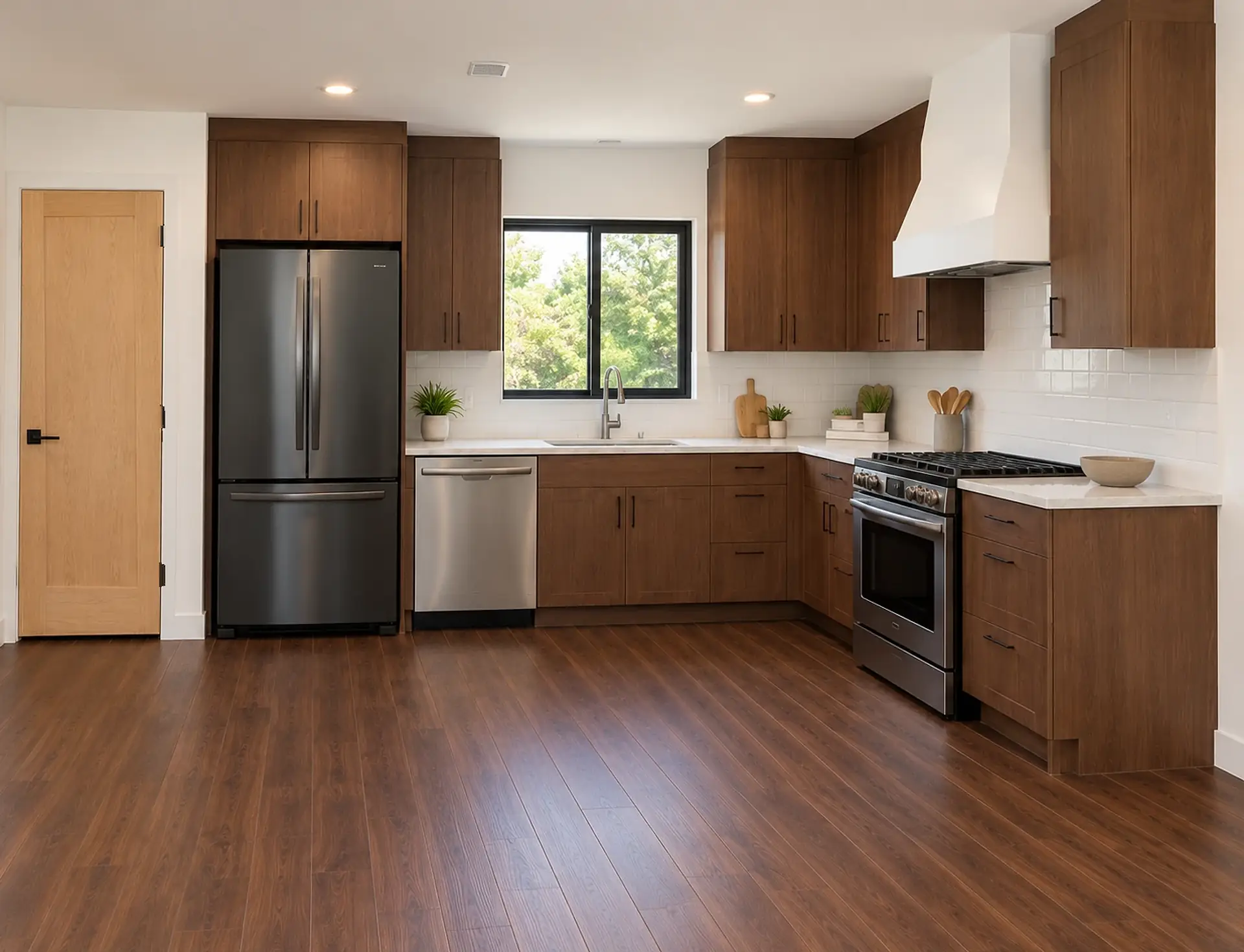 Rendering of the ADU 1200-2 kitchen: the pantry’s light-oak door on the left, then a black stainless French-door refrigerator in a walnut surround, a stainless dishwasher, and the sink under a black-framed window with walnut cabinets on both sides; around the corner on the right, a stainless gas range under a white hood. A white subway-tile backsplash, light quartz counters and a dark plank floor.