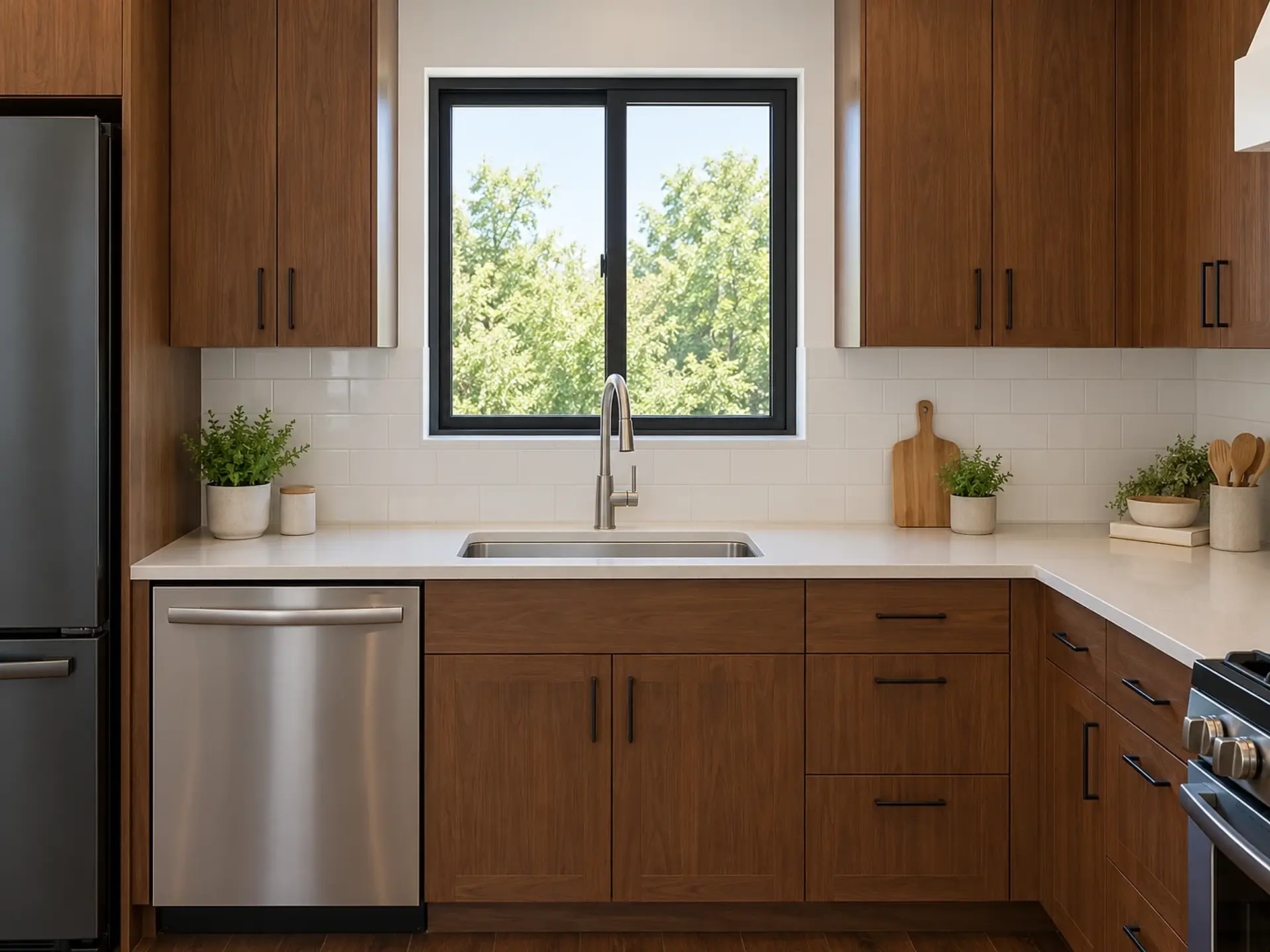 Rendering of the ADU 1200-2 kitchen sink: a single stainless sink in a light quartz counter under a black-framed window, walnut cabinets with black pulls below it and on both sides of the window, a white subway-tile backsplash, the dishwasher and the black stainless refrigerator on the left, and the corner and the edge of the range on the right.