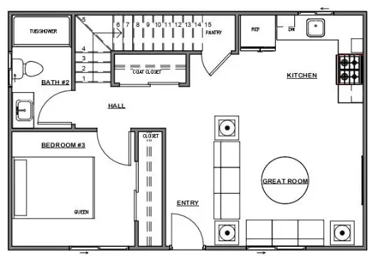 Floor plan of the ADU 1200-2 main floor, 600 sq ft. Along the back: the hall bath, the enclosed stair, which climbs from the hall and turns along the back wall behind the coat closet, the pantry, and the kitchen, an L in the far corner with no island. In front: bedroom 3 with a reach-in closet, the hall, the entry with the front door, and the great room with two sofas around a round coffee table.