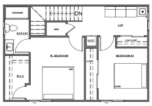 Floor plan of the ADU 1200-2 second floor, 600 sq ft: the stair coming up along the back wall into the loft, which has a sofa on the back wall, a window on the end wall, a coat closet and an open washer and dryer alcove; a linen closet; the primary bedroom, with its bath and a walk-in closet off it; and bedroom 2, with a reach-in closet.