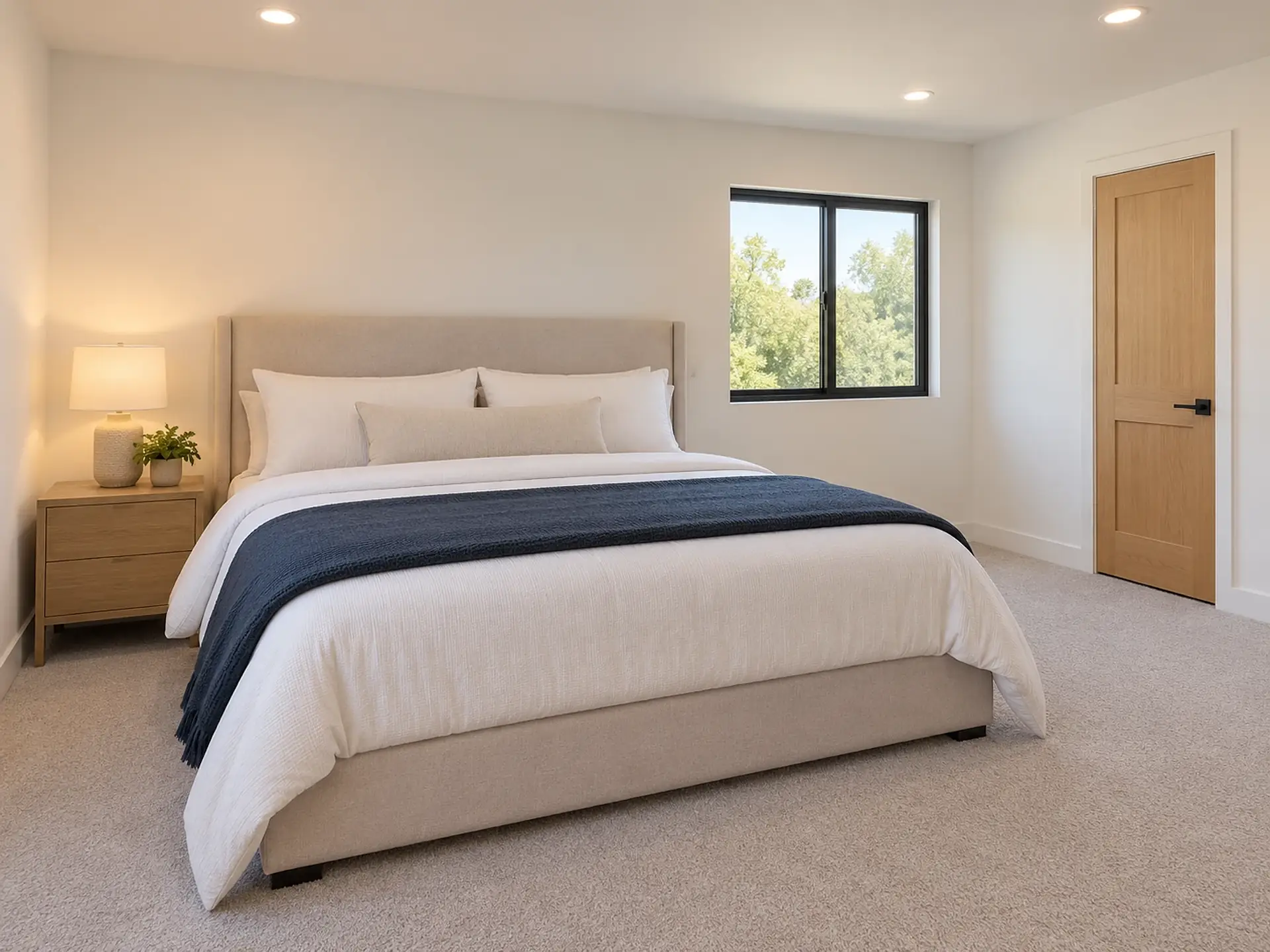 Rendering of the ADU 1200-2 primary bedroom: a king bed with a beige upholstered headboard against the far wall, white bedding and a navy knit throw, a light-wood nightstand with a lamp on its left, a black-framed sliding window to the right of the bed, and the walk-in closet’s light-oak door, closed, on the right-hand wall.