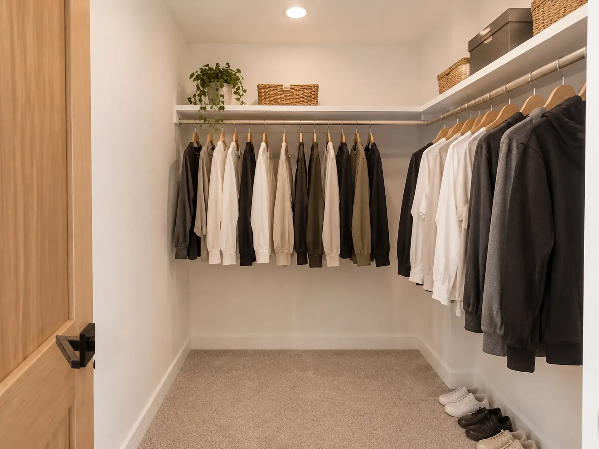 Rendering of the ADU 1200 walk-in closet: a white shelf and a hanging rod with clothes along the back wall and the right-hand wall, shoes on the carpet below, and the light-oak door open on the left.