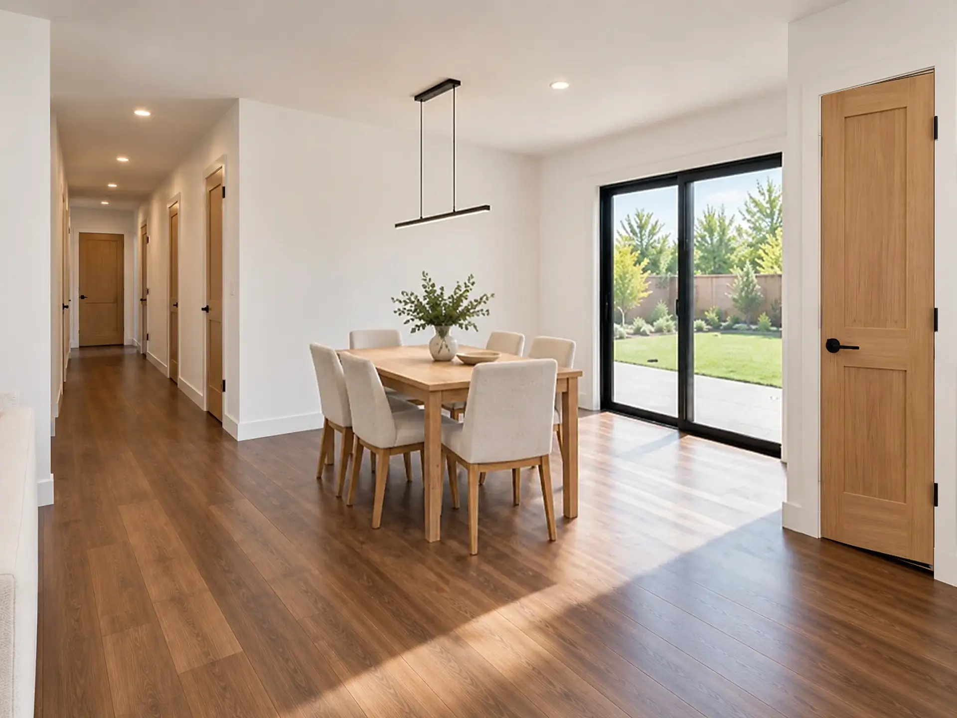 Rendering of the ADU 1200 dining room: a light-wood table and white upholstered chairs under a black linear pendant, a black-framed sliding glass door with a patio and lawn outside, the pantry’s light-oak door on the right, and the hall to the bedrooms on the left, with oak doors along it.