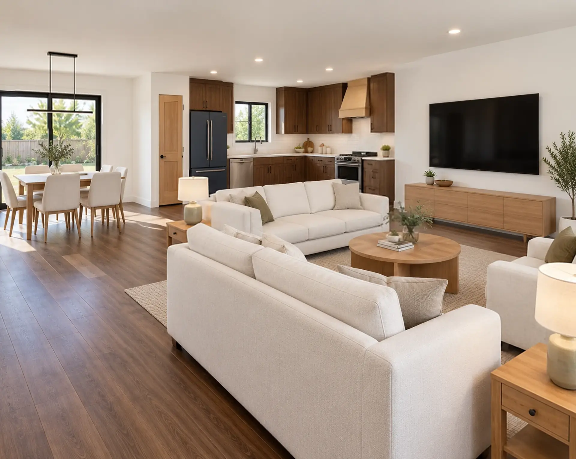 Rendering of the ADU 1200 great room and kitchen from beside the front door: white sofas around a round light-wood coffee table, the TV on the end wall over a light-wood console, the kitchen in the far corner with walnut cabinets, a navy refrigerator, the sink under a black-framed window and the range under a light-oak hood, and on the left the dining table under a black linear pendant in front of a black-framed sliding glass door.