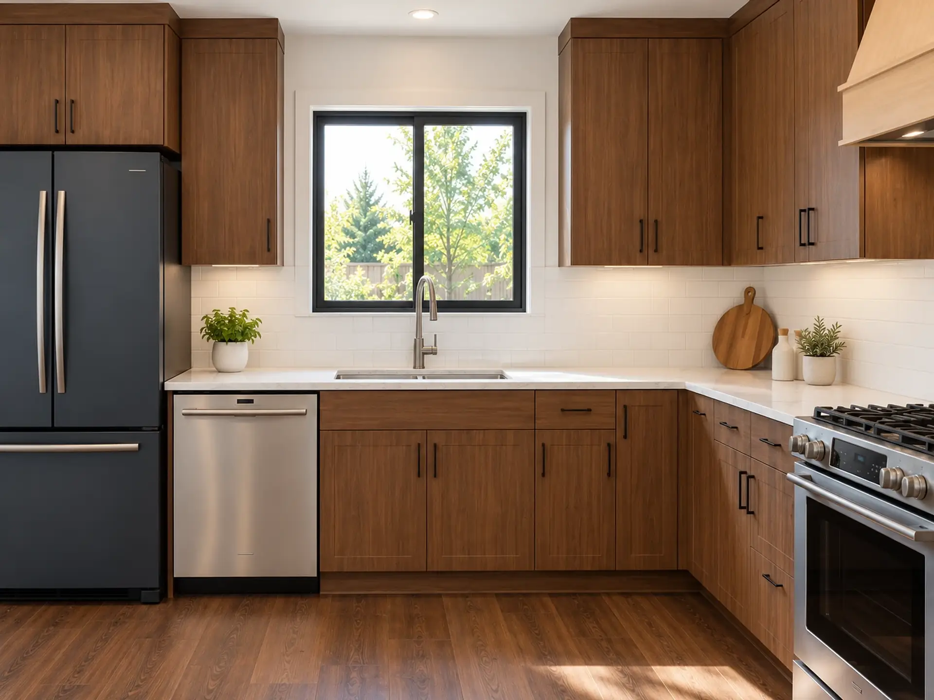 Rendering of the ADU 1200 kitchen sink: a stainless double sink in a white quartz counter under a black-framed window, walnut cabinets below it and on both sides of the window, a white subway-tile backsplash, the dishwasher and the navy refrigerator on the left, and the range under its light-oak hood on the right.