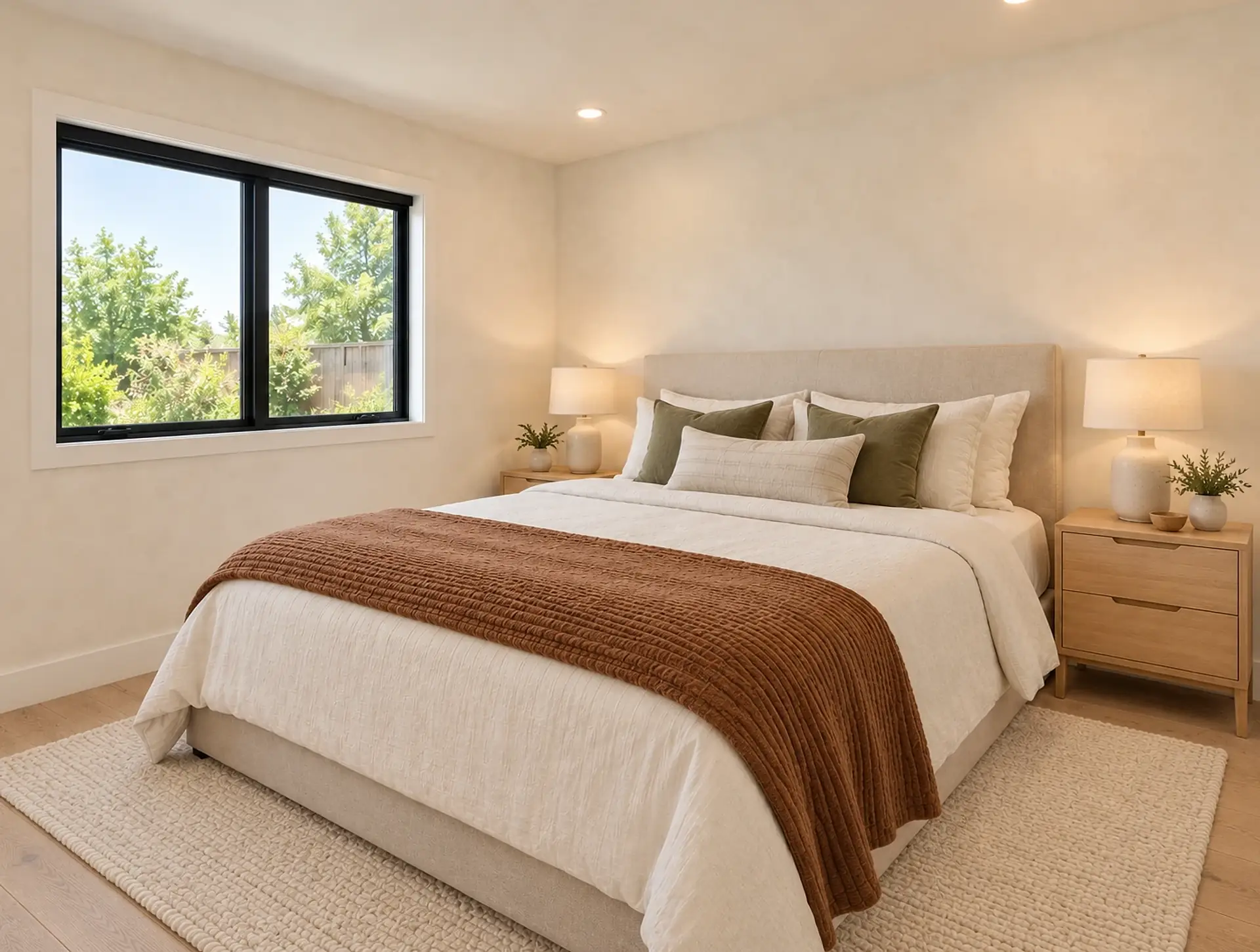 Rendering of the ADU 1200 bedroom 2 in the Olive and Oak finishes: a queen bed with an oatmeal linen headboard against the right-hand wall, cream linen bedding, olive and cream pillows and a rust throw, white-oak nightstands with cream ceramic lamps, a cream wool rug on a white-oak floor, and a black-framed sliding window on the left wall.