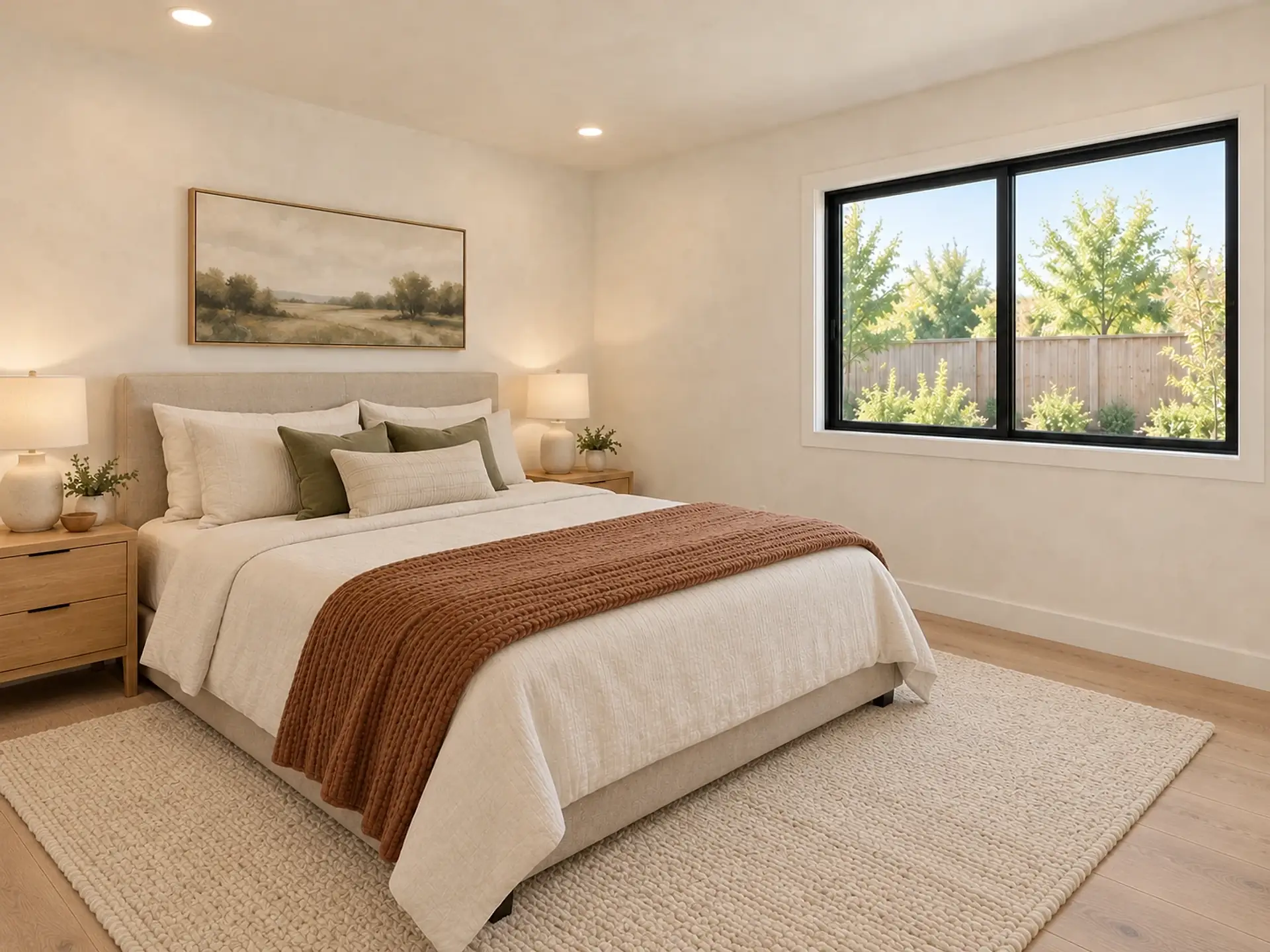Rendering of the ADU 1200 bedroom 3 in the Olive and Oak finishes: a queen bed with an oatmeal linen headboard against the left-hand wall under a landscape painting in soft olive and cream, cream bedding, olive and cream pillows and a rust throw, white-oak nightstands with cream ceramic lamps, a cream wool rug on a white-oak floor, and a black-framed sliding window on the right-hand wall.