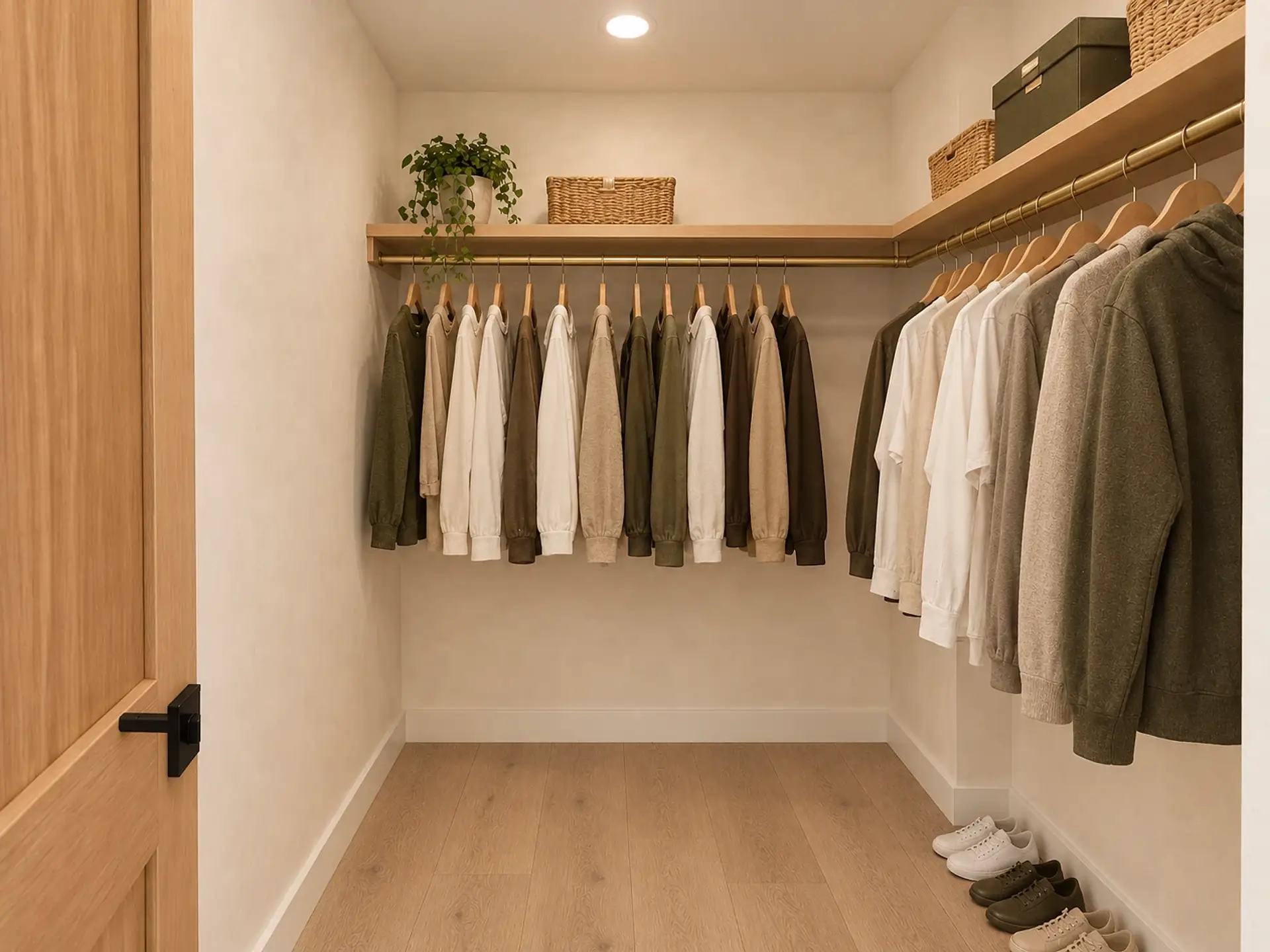 Rendering of the ADU 1200 walk-in closet in the Olive and Oak finishes: white-oak shelves with brass hanging rods along the back wall and the right-hand wall, clothes in cream, white and olive, woven baskets on the shelves, shoes on a white-oak floor, and the light-oak door open on the left.