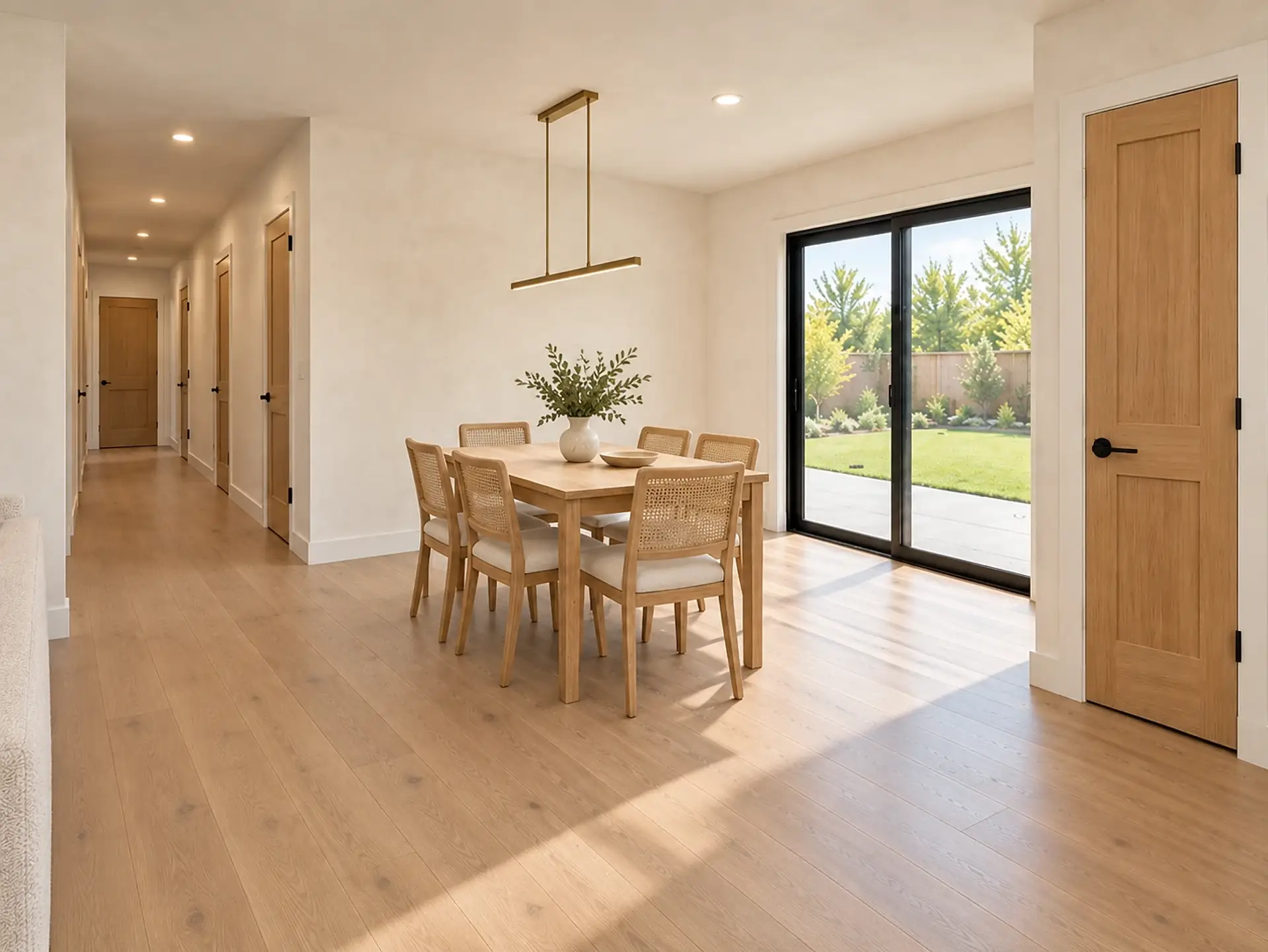Rendering of the ADU 1200 dining room in the Olive and Oak finishes: a white-oak table and six cane-back oak chairs with cream seats under a brass linear pendant, a black-framed sliding glass door with a patio and lawn outside, the pantry’s light-oak door on the right, and the hall to the bedrooms on the left, with oak doors along it.