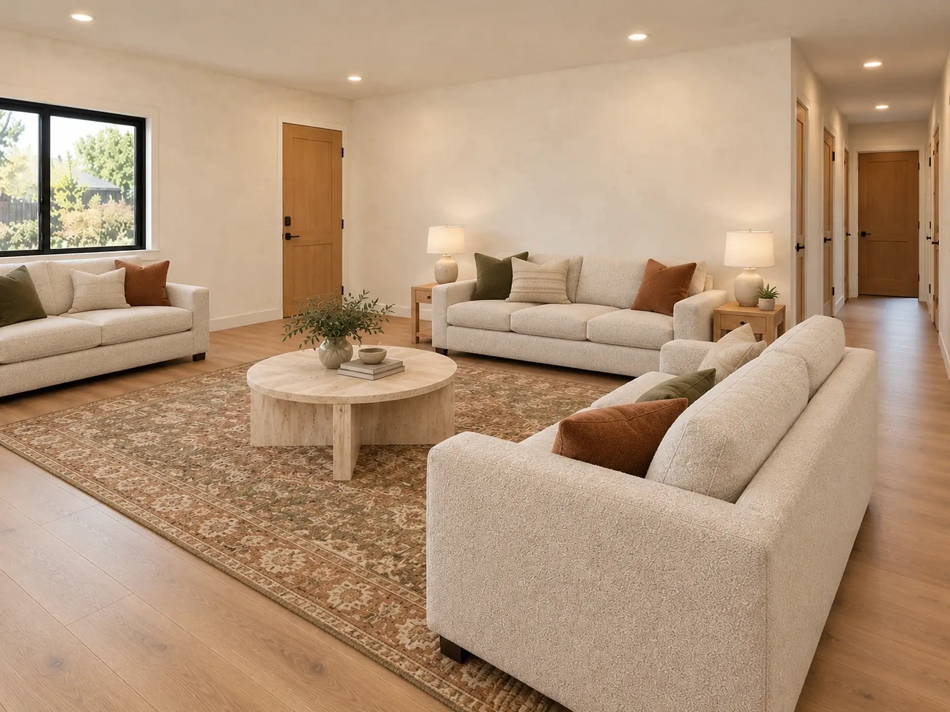 Rendering of the ADU 1200 great room toward the front in the Olive and Oak finishes: an oatmeal bouclé sofa under a black-framed window on the left, the light-oak front door in the front wall beside the corner, a second sofa between cream ceramic lamps on white-oak end tables, a round travertine coffee table on a rust and olive vintage rug, the back of a third sofa in front, and the hall opening on the right with oak doors along it.