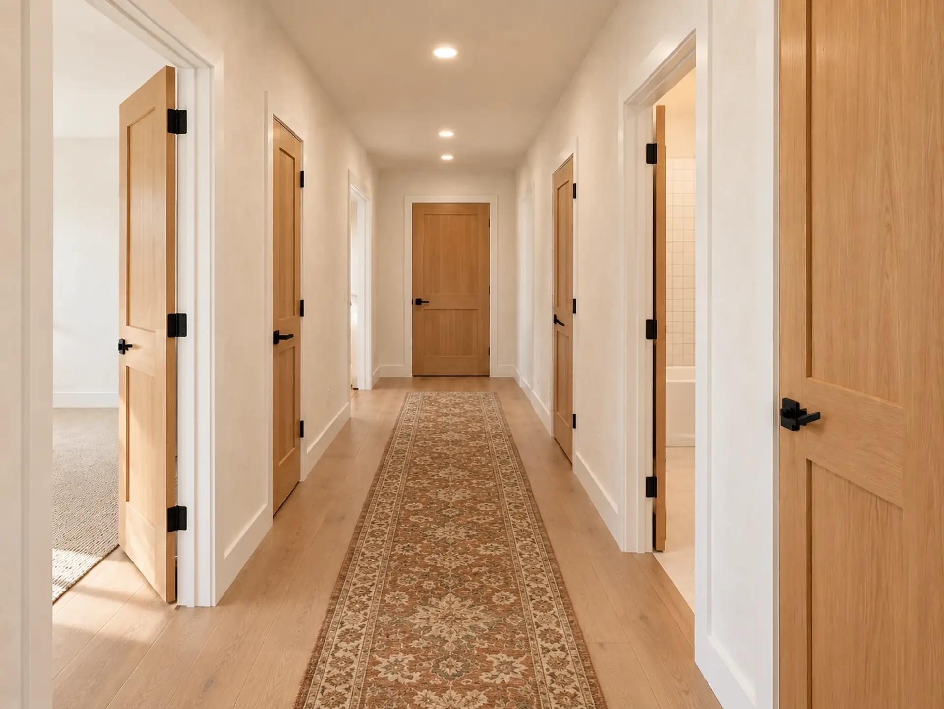 Rendering of the ADU 1200 hall toward the bedrooms in the Olive and Oak finishes: white-oak planks with a rust and cream vintage runner between warm-white limewash walls, light-oak doors along both sides, an open bedroom door on the left and the hall bath open on the right, and a closed door at the far end.