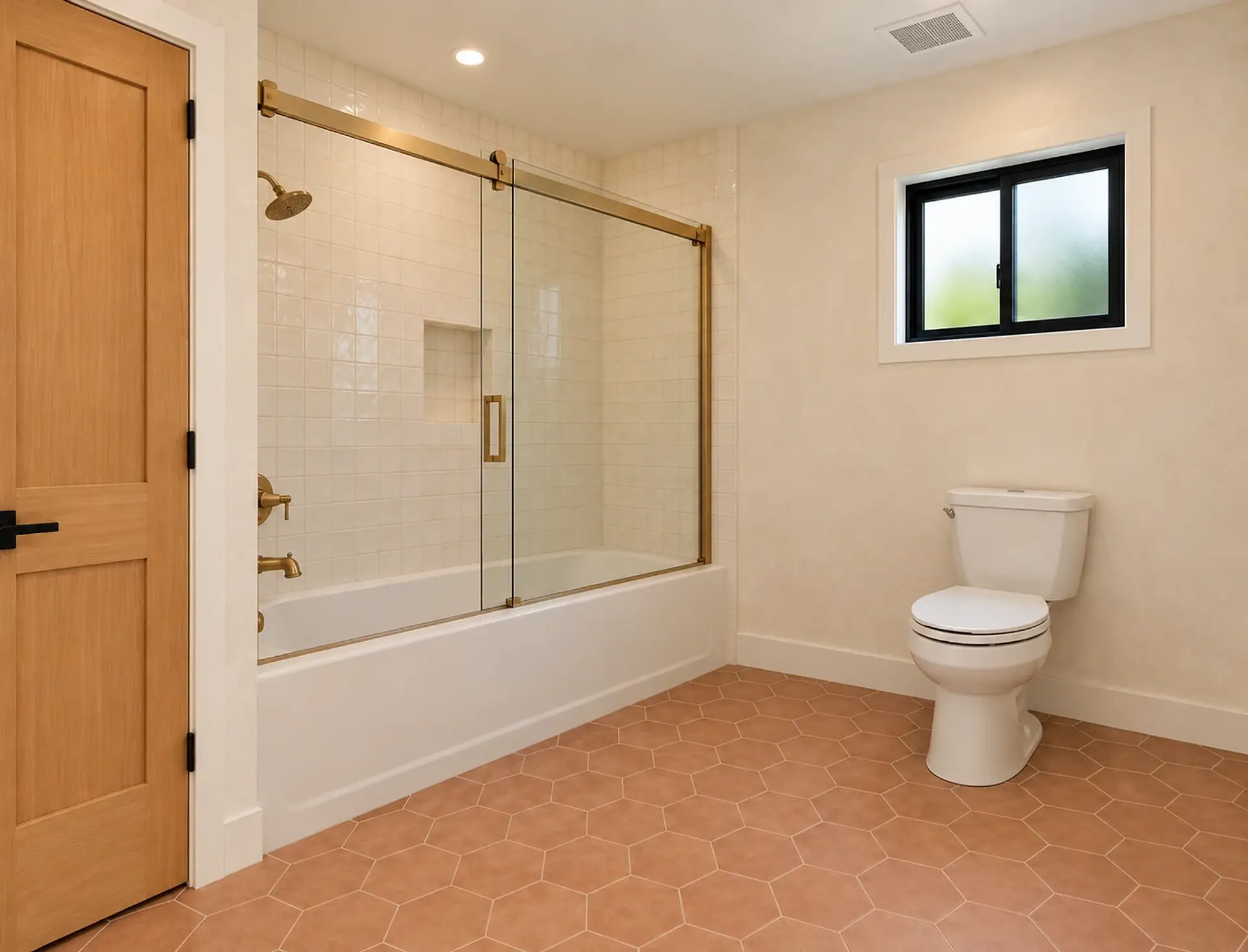 Rendering of the ADU 1200 hall bath in the Olive and Oak finishes: a white tub with cream zellige tile and a brass-framed glass sliding door across the far end, brass shower fittings, the toilet under a small black-framed window with frosted glass, a terracotta hexagon tile floor, and the light-oak door on the left.