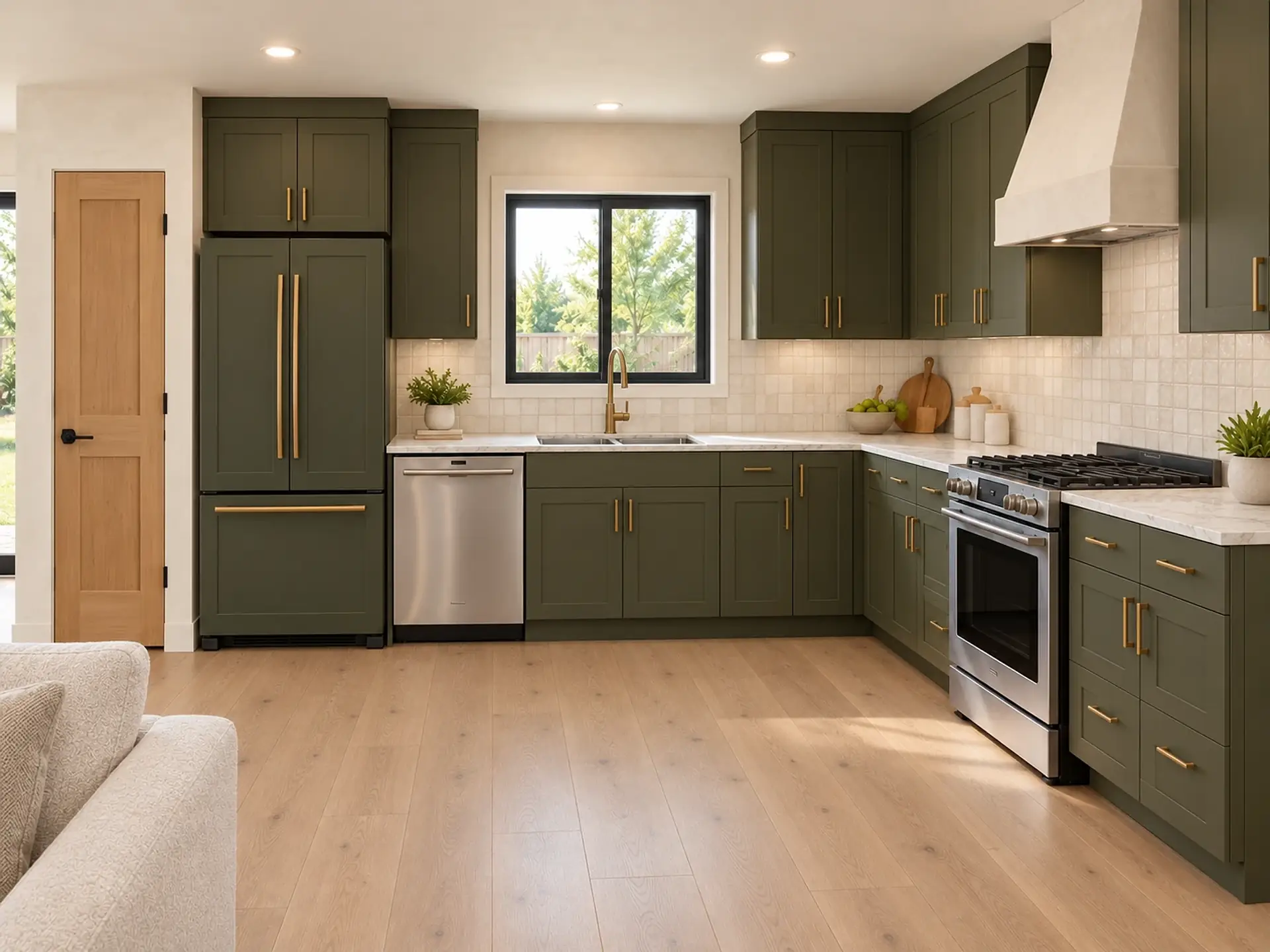 Rendering of the ADU 1200 kitchen in the Olive and Oak finishes: olive cabinets with brass pulls in an L, an olive-paneled French-door refrigerator beside the pantry’s light-oak door, a stainless dishwasher, the double sink under a black-framed window with a brass faucet, a cream zellige backsplash and marble counters, and a stainless range under a warm-white plaster hood on the right, with the arm of an oatmeal sofa in front.