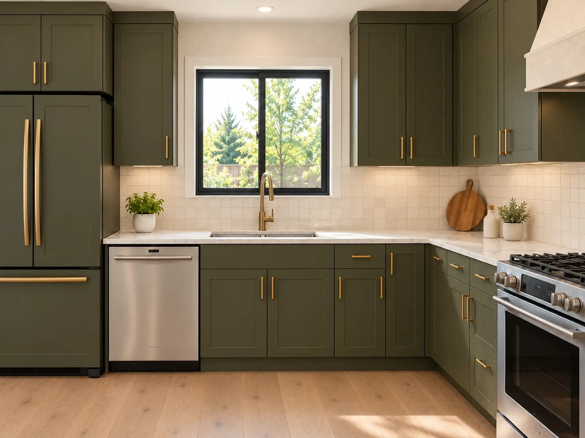 Rendering of the ADU 1200 kitchen sink in the Olive and Oak finishes: a stainless double sink with a brass faucet in a marble counter under a black-framed window, olive cabinets with brass pulls below it and on both sides of the window, a cream zellige backsplash, the stainless dishwasher and the olive-paneled refrigerator on the left, and the stainless range under its warm-white plaster hood on the right.