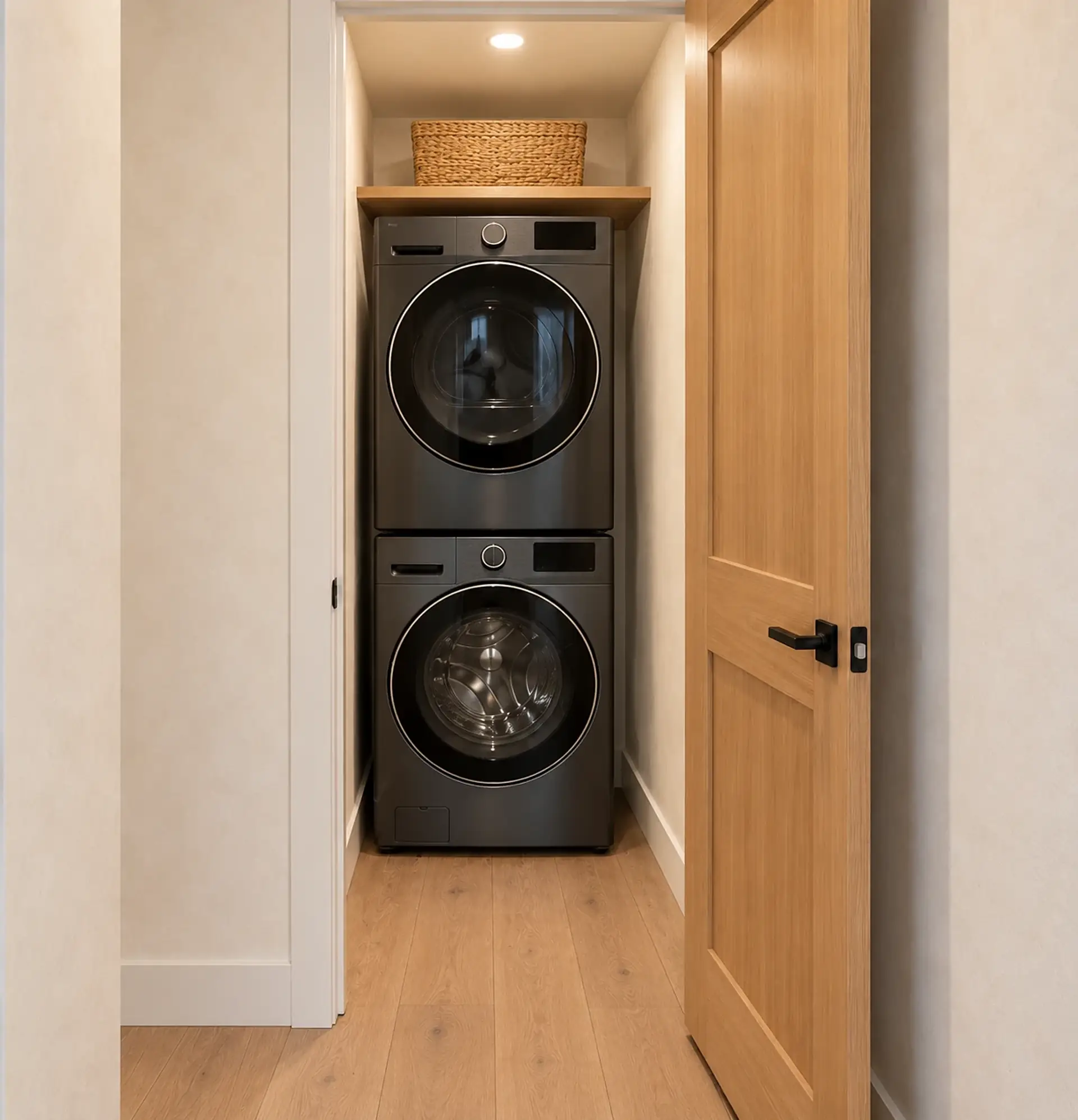 Rendering of the ADU 1200 laundry from the hall in the Olive and Oak finishes: a stacked graphite washer and dryer under a white-oak shelf with a woven basket, through the open doorway, on a white-oak floor, with the light-oak door standing open on the right.
