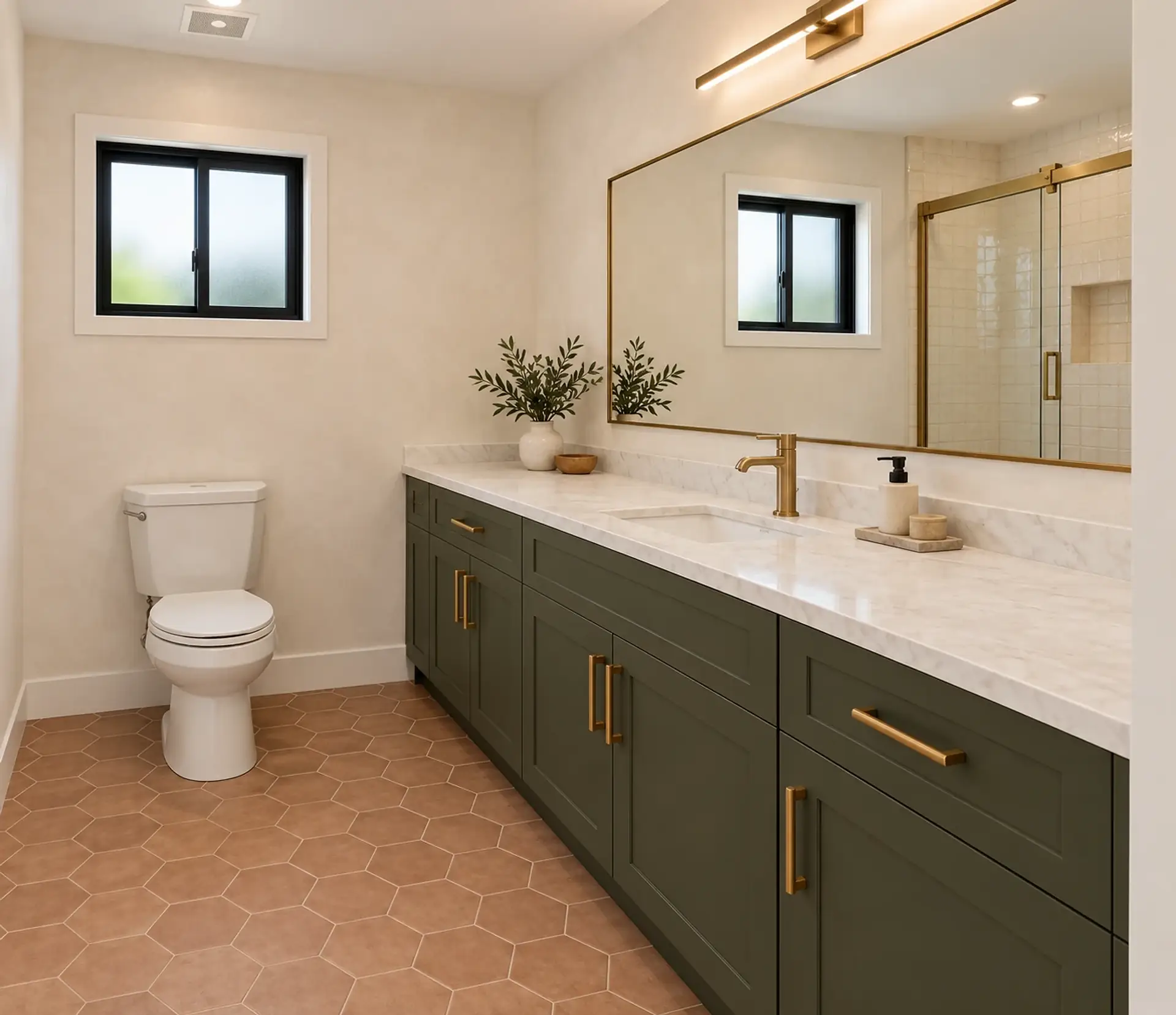 Rendering of the ADU 1200 primary bath in the Olive and Oak finishes: the toilet under a small black-framed window with frosted glass, an olive vanity with brass pulls, a marble top and one sink with a brass faucet along the right wall, a terracotta hexagon tile floor, and a wide brass-framed mirror under a brass light that reflects the window and the shower’s cream zellige and brass-framed glass door.