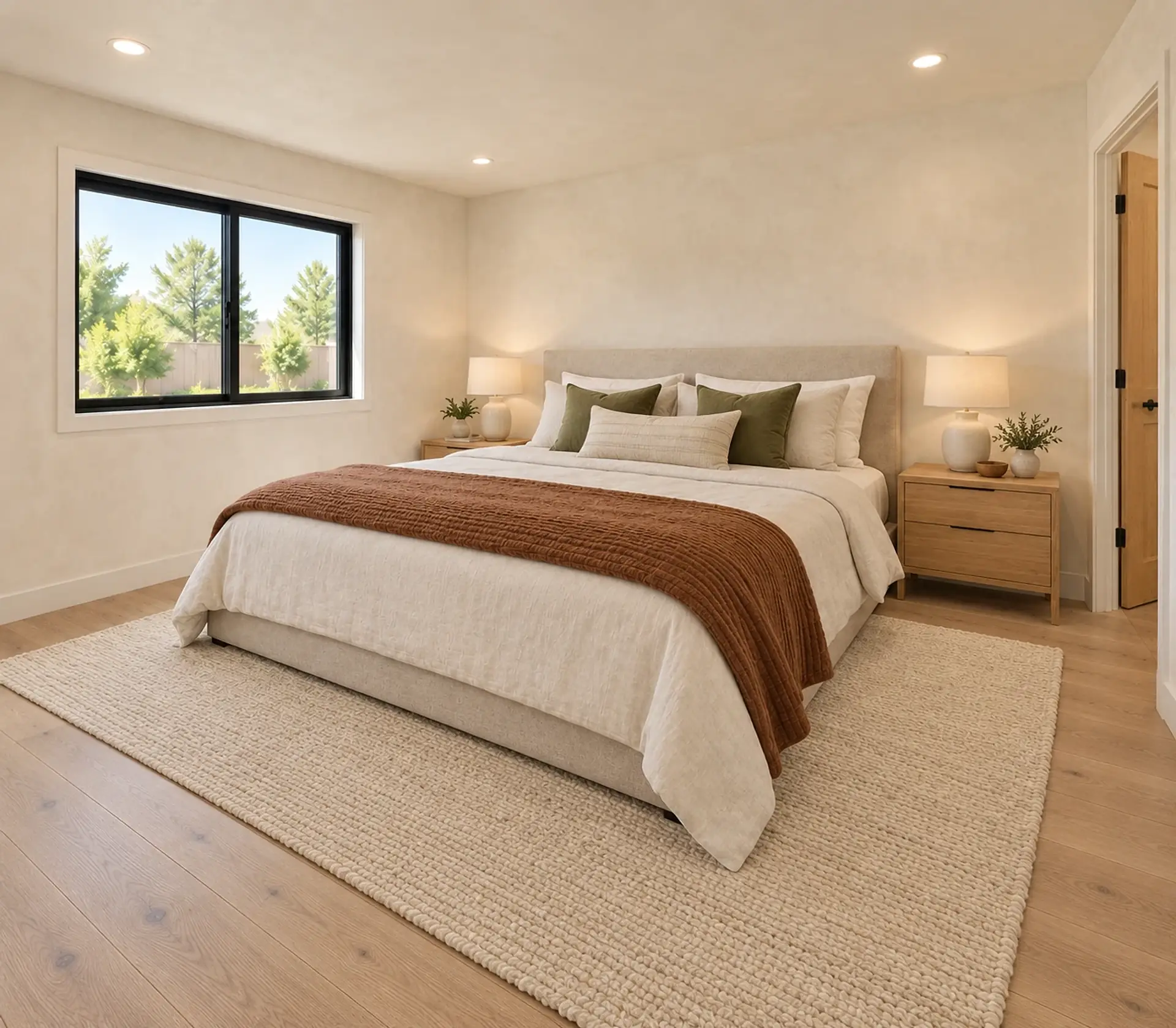 Rendering of the ADU 1200 primary bedroom in the Olive and Oak finishes: a king bed with an oatmeal linen headboard, cream linen bedding, olive and cream pillows and a rust throw, white-oak nightstands with cream ceramic lamps, a cream wool rug on a white-oak floor, a black-framed sliding window on the left wall, and the walk-in closet’s doorway on the right, its oak door open inward.