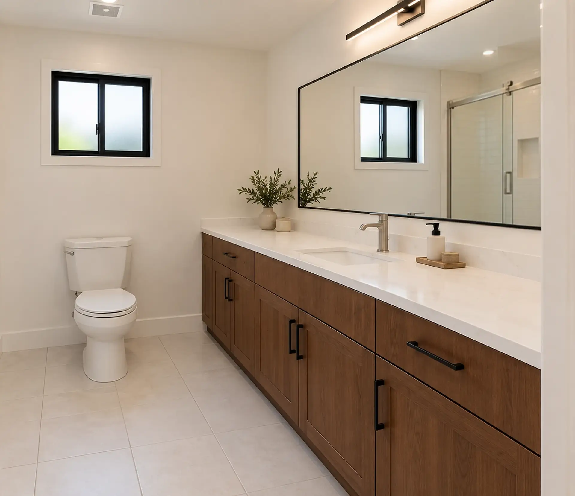 Rendering of the ADU 1200 primary bath: the toilet under a small black-framed window with frosted glass, and a walnut vanity with a white quartz top and one sink along the right wall, under a wide black-framed mirror that reflects the window and the shower’s glass door.