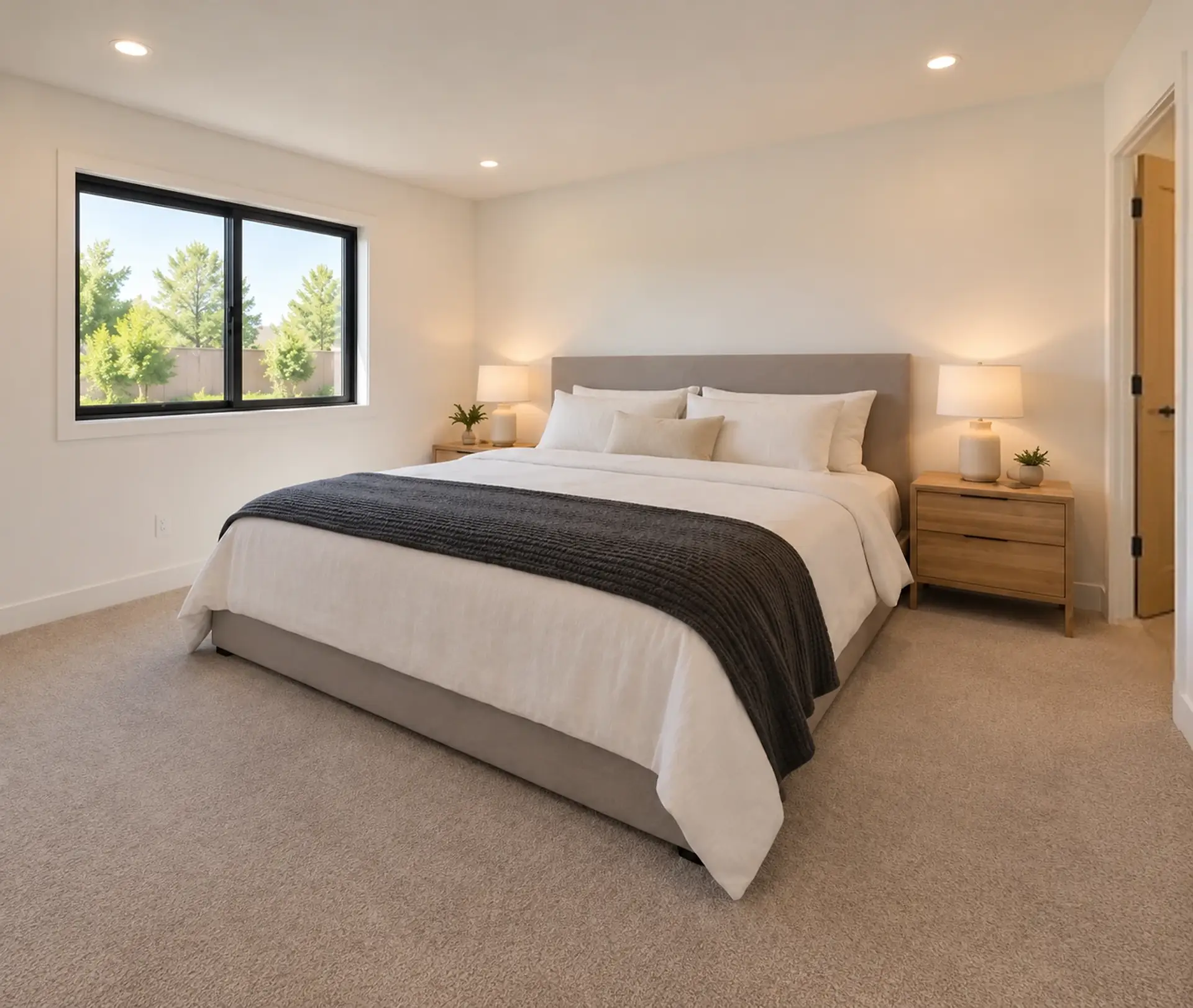 Rendering of the ADU 1200 primary bedroom: a king bed with a gray upholstered headboard, white bedding and a charcoal knit throw between light-wood nightstands with lamps, a black-framed sliding window on the left wall, and the walk-in closet’s doorway on the right, its oak door open inward.
