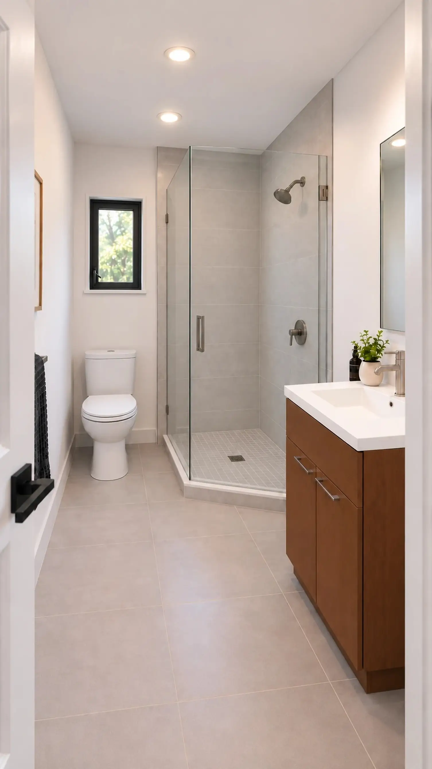 Rendering of the ADU 256 bathroom: a corner glass shower with solid tile walls, a toilet under a small black casement window, and a walnut vanity with a white top.