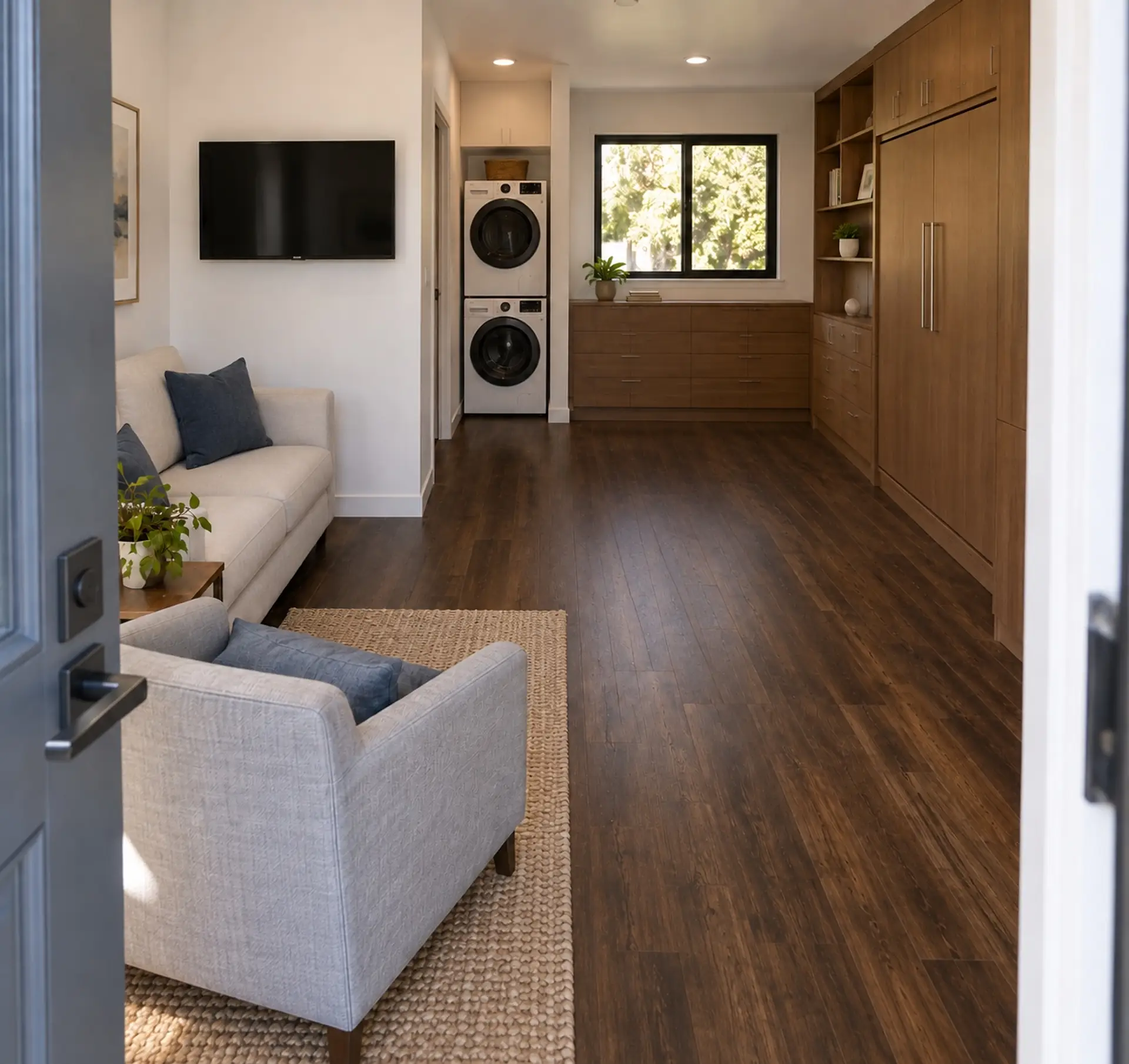 Rendering from the ADU 256 front door with the wall bed folded away into its cabinet, leaving the room open as a living space.