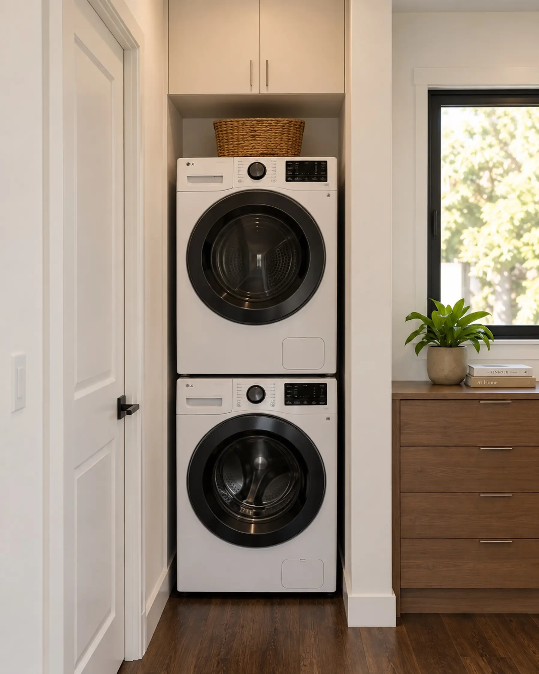 Rendering of the ADU 256 laundry up close: a stacked washer and dryer in a niche with a basket on top, the bath door on the left and a walnut chest of drawers under the window on the right.