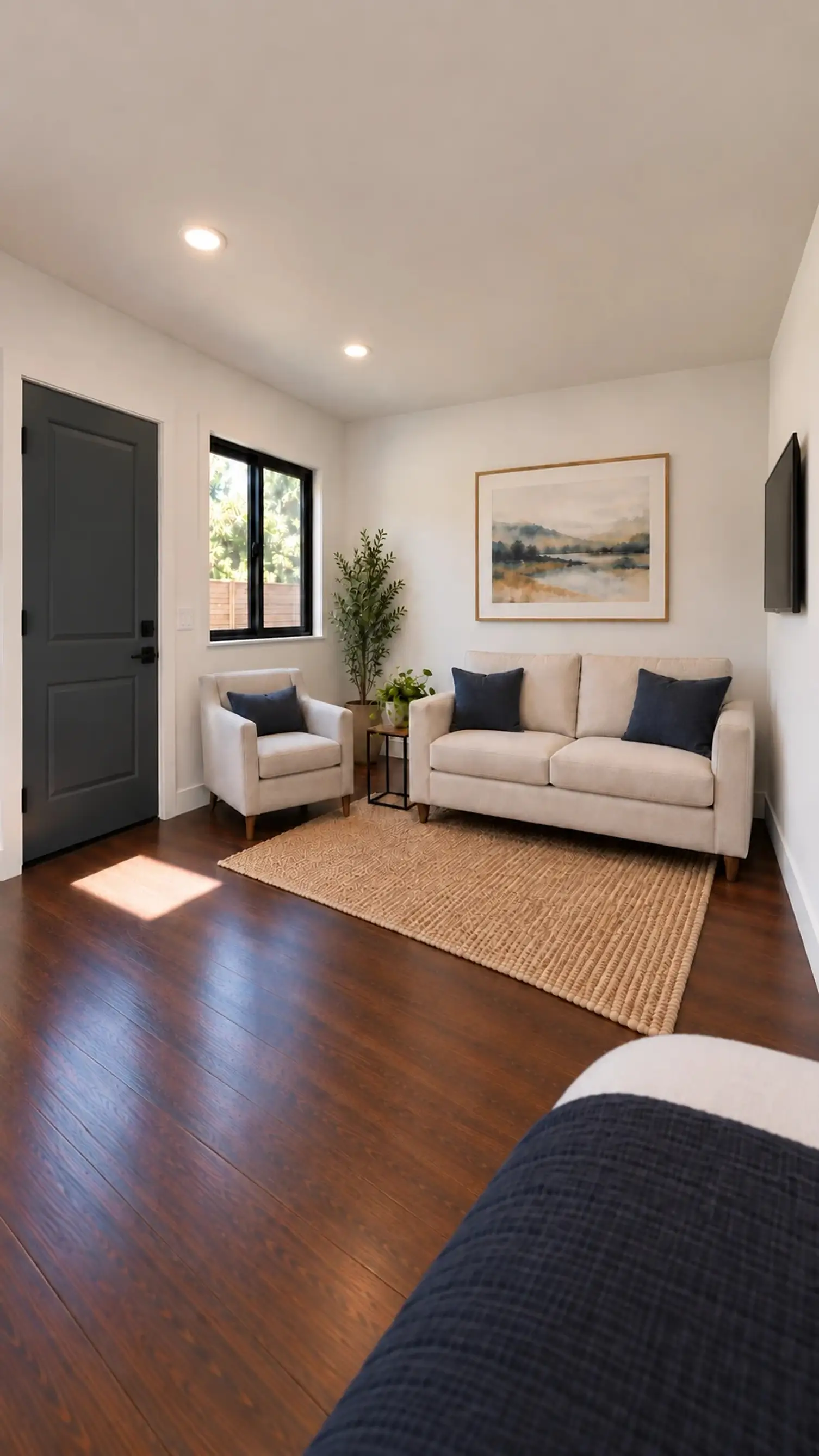 Rendering of the ADU 256 living area seen from the bed: sofa and armchair on a jute rug, with the front door and a window on the left wall.