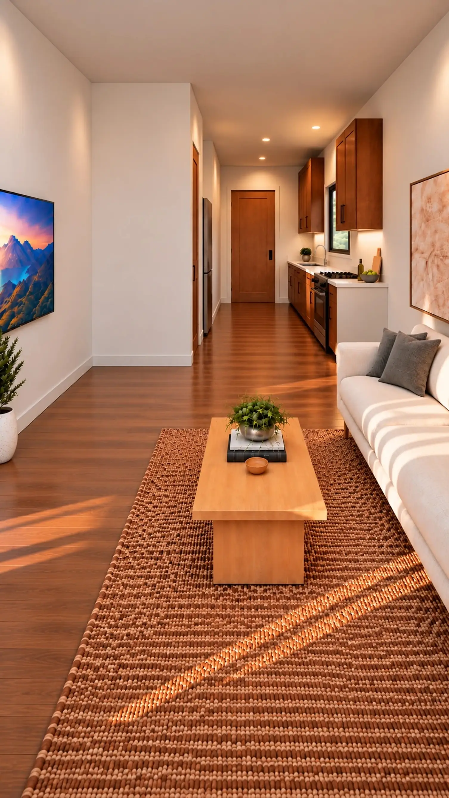 Rendering of the ADU 360 great room: linen sofa and coffee table on a woven rug, TV on the left wall, then the laundry closet door and the fridge, the kitchen on the right, and the closed pocket door to the bedroom at the end.