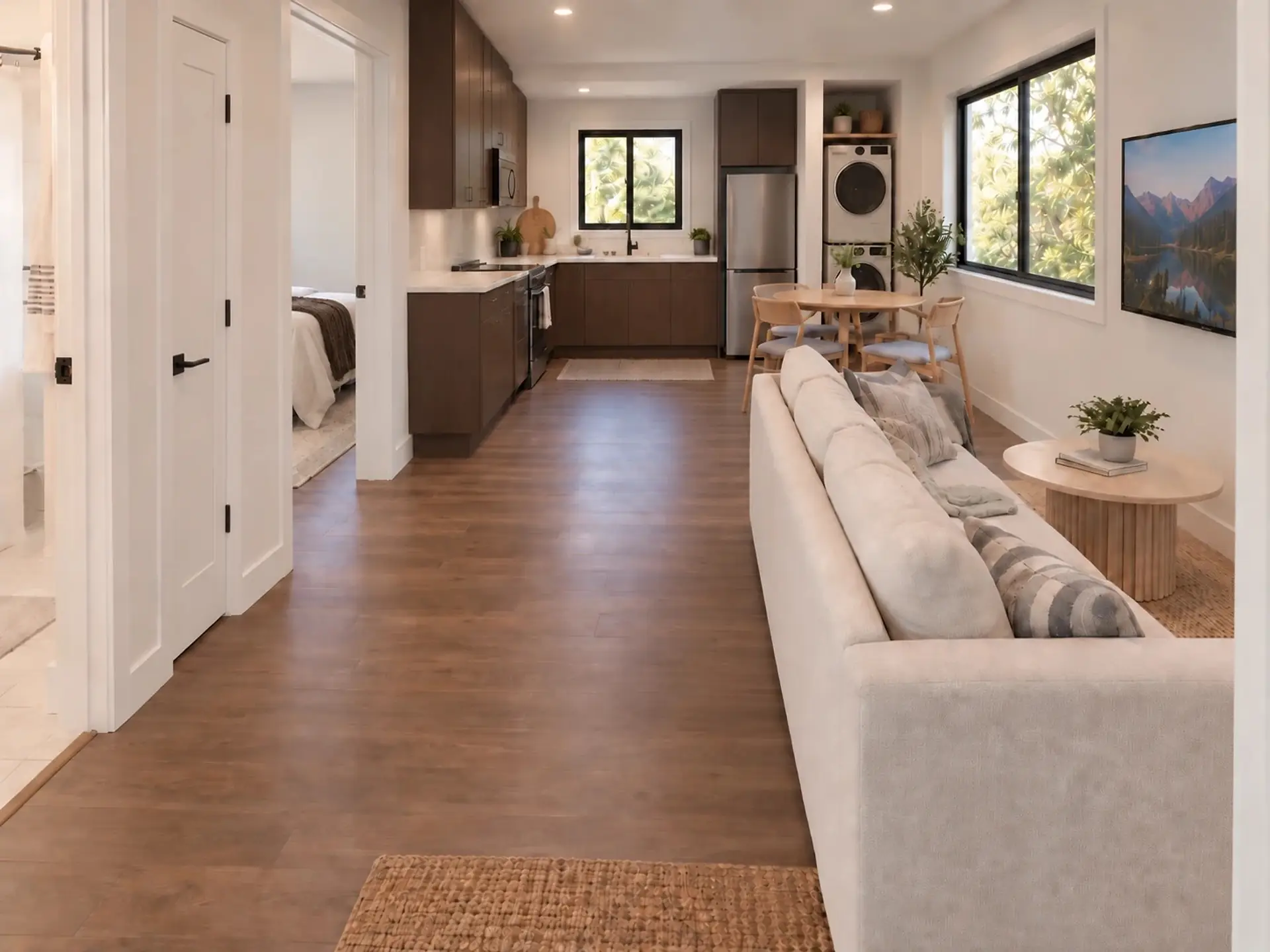 Rendering of the ADU 483 from the front door: the bath door, a narrow linen closet and the bedroom door on the left, the kitchen straight ahead with a window over the sink, then the fridge and stacked washer and dryer, the dining table by the side window and the sofa facing the TV.