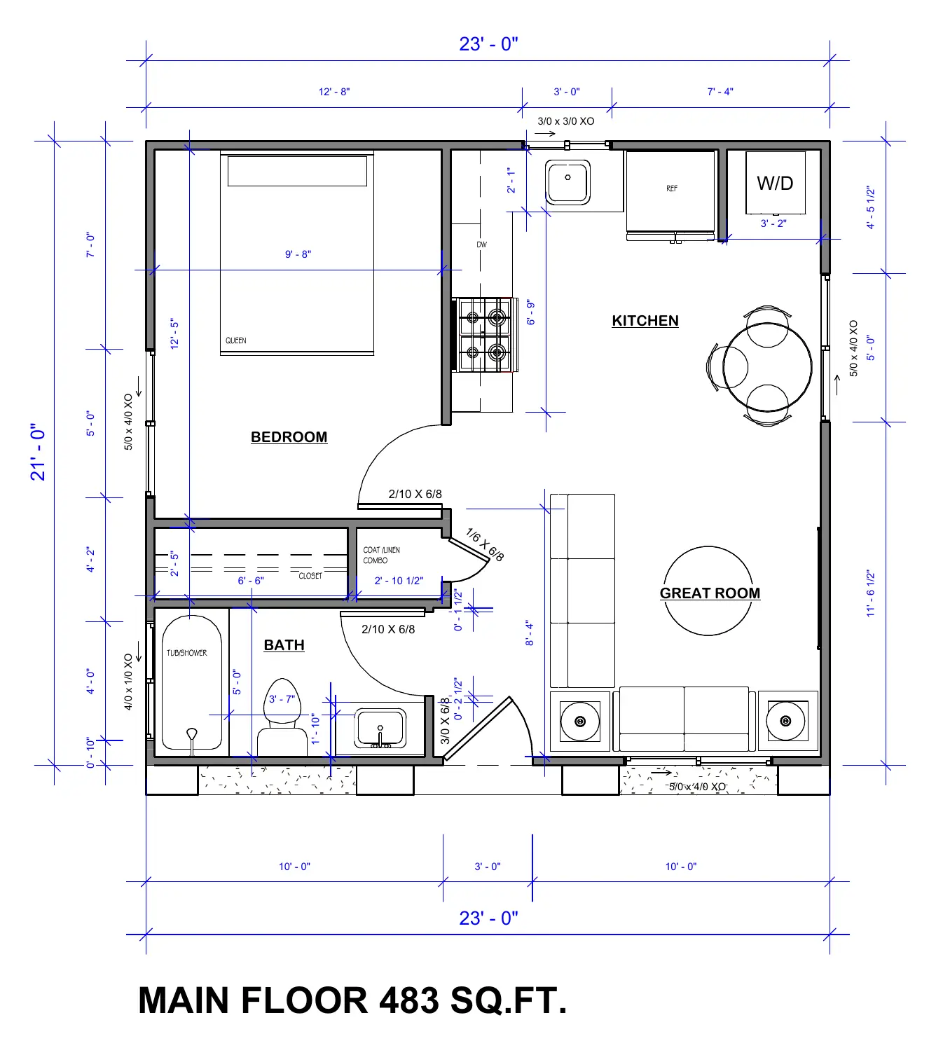 Floor plan of the ADU 483 with numbered markers: 1 at the small window over the tub, 2 on the front wall, between the entry door and the window beside it.