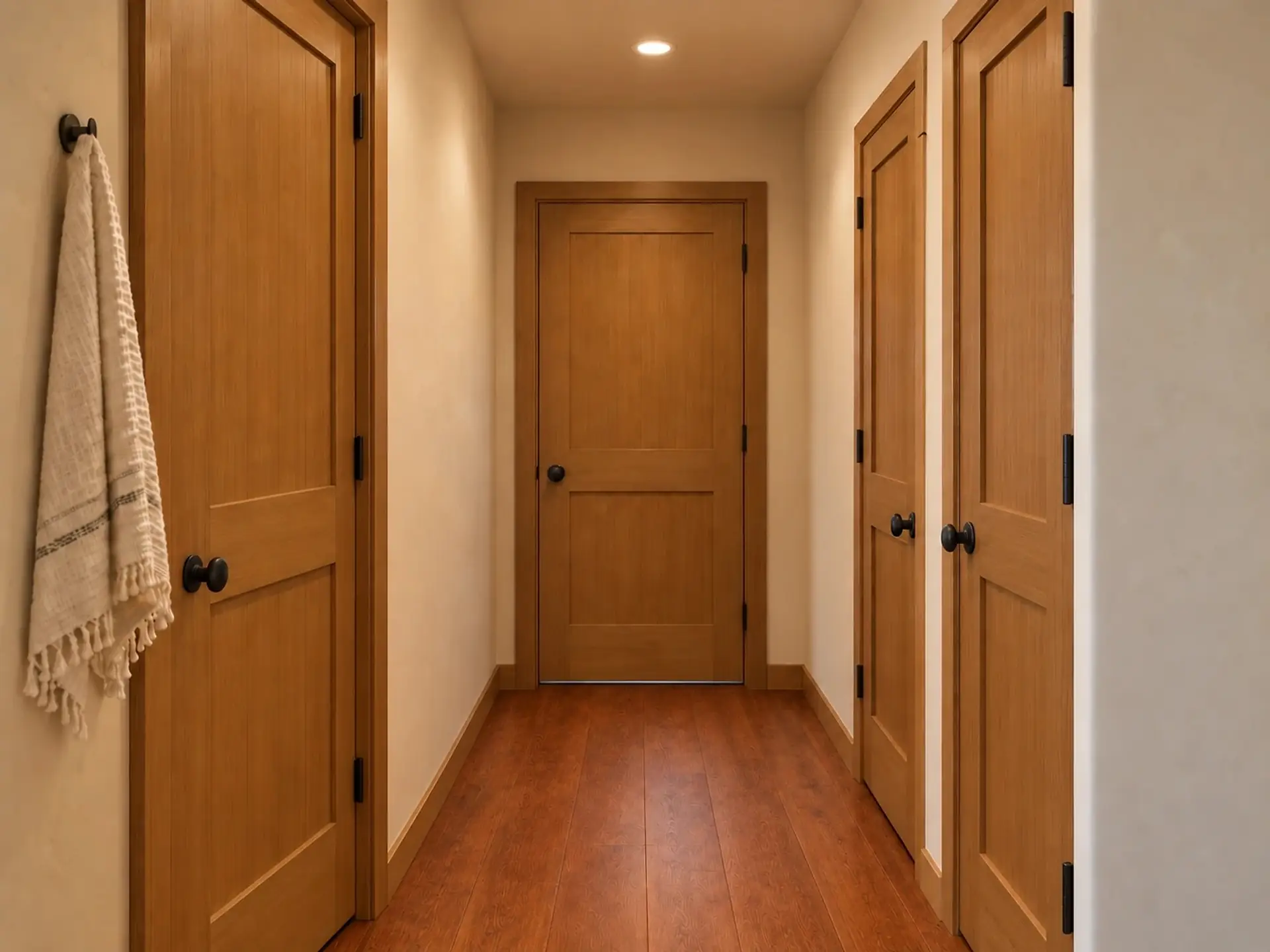 Rendering of the ADU 495 hall: the bath door on the left, two light-oak closet doors on the right with their knobs side by side, and the bedroom door at the end.