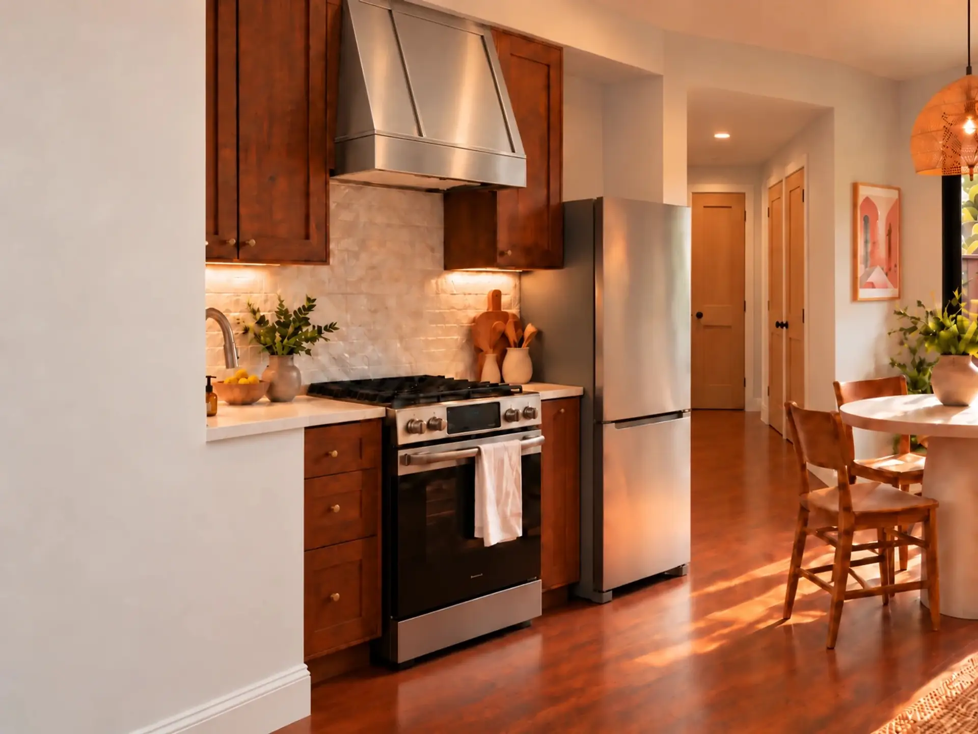 Rendering of the ADU 495 kitchen: cherry cabinets, a gas range under a stainless hood with the fridge beside it, the sink counter on the left, and the hall with its closet doors past the fridge.