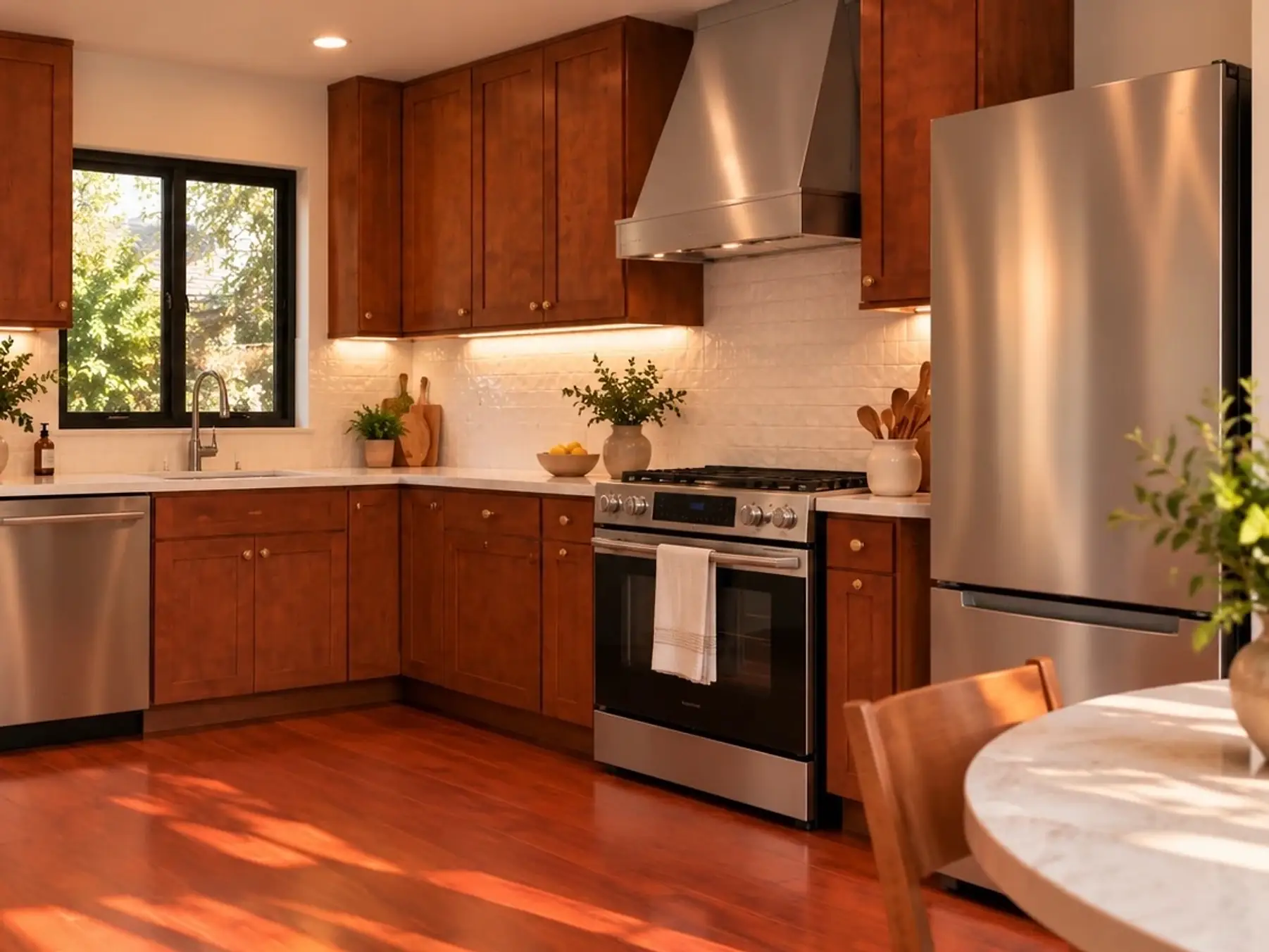Rendering of the ADU 495 L-shaped kitchen: the sink under a black sliding window with the dishwasher beside it, then the corner, the range under a stainless hood, and the fridge.