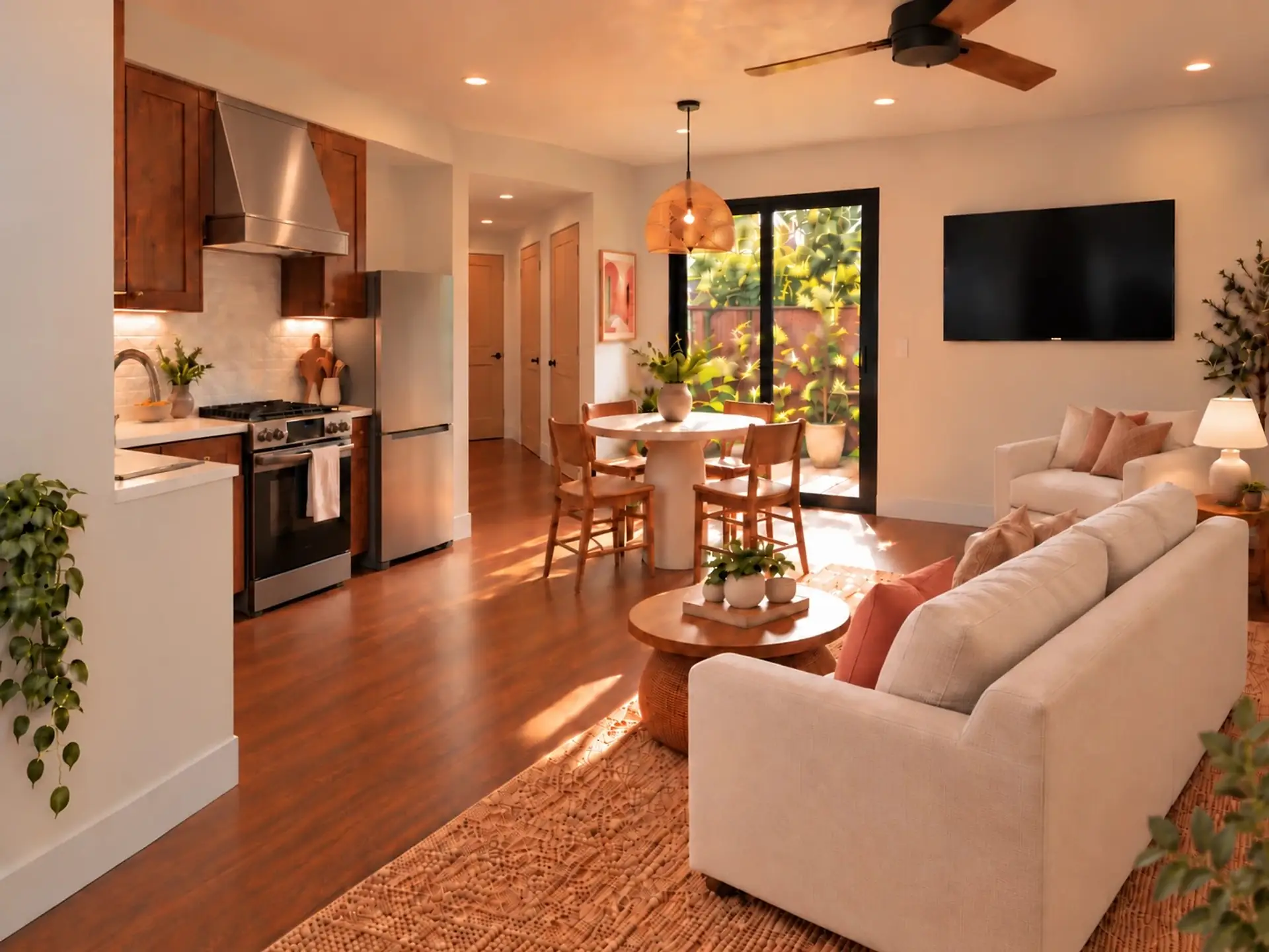Rendering of the ADU 495 great room: the kitchen on the left, a short hall past the fridge, the dining table under a rattan pendant by the sliding glass door, and a sofa and loveseat facing the TV.