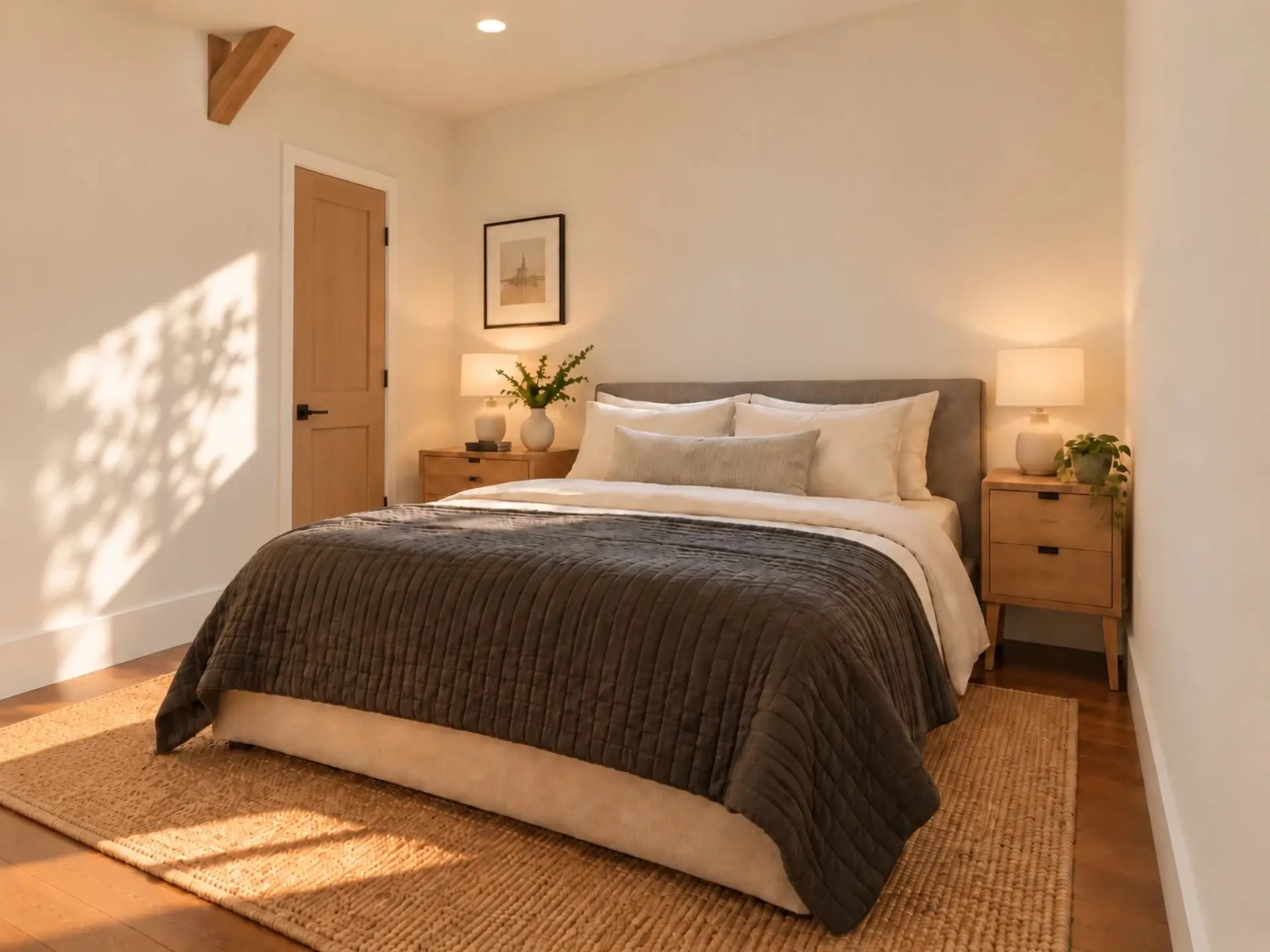 Rendering of the ADU 612 bedroom: a queen bed with nightstands and lamps on both sides, and a light oak door on the left wall.