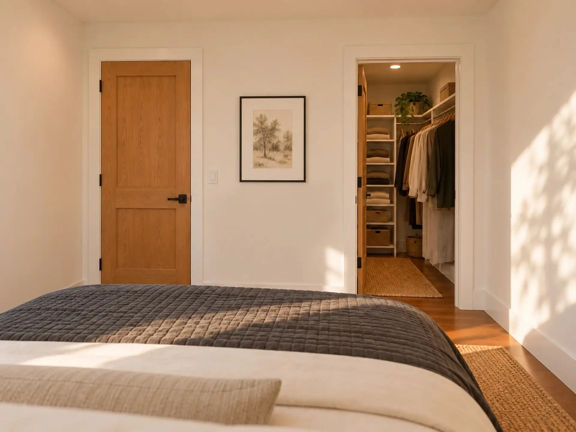 Rendering of the ADU 612 bedroom toward its doors: the door to the hall, and the walk-in closet door standing open into the closet.
