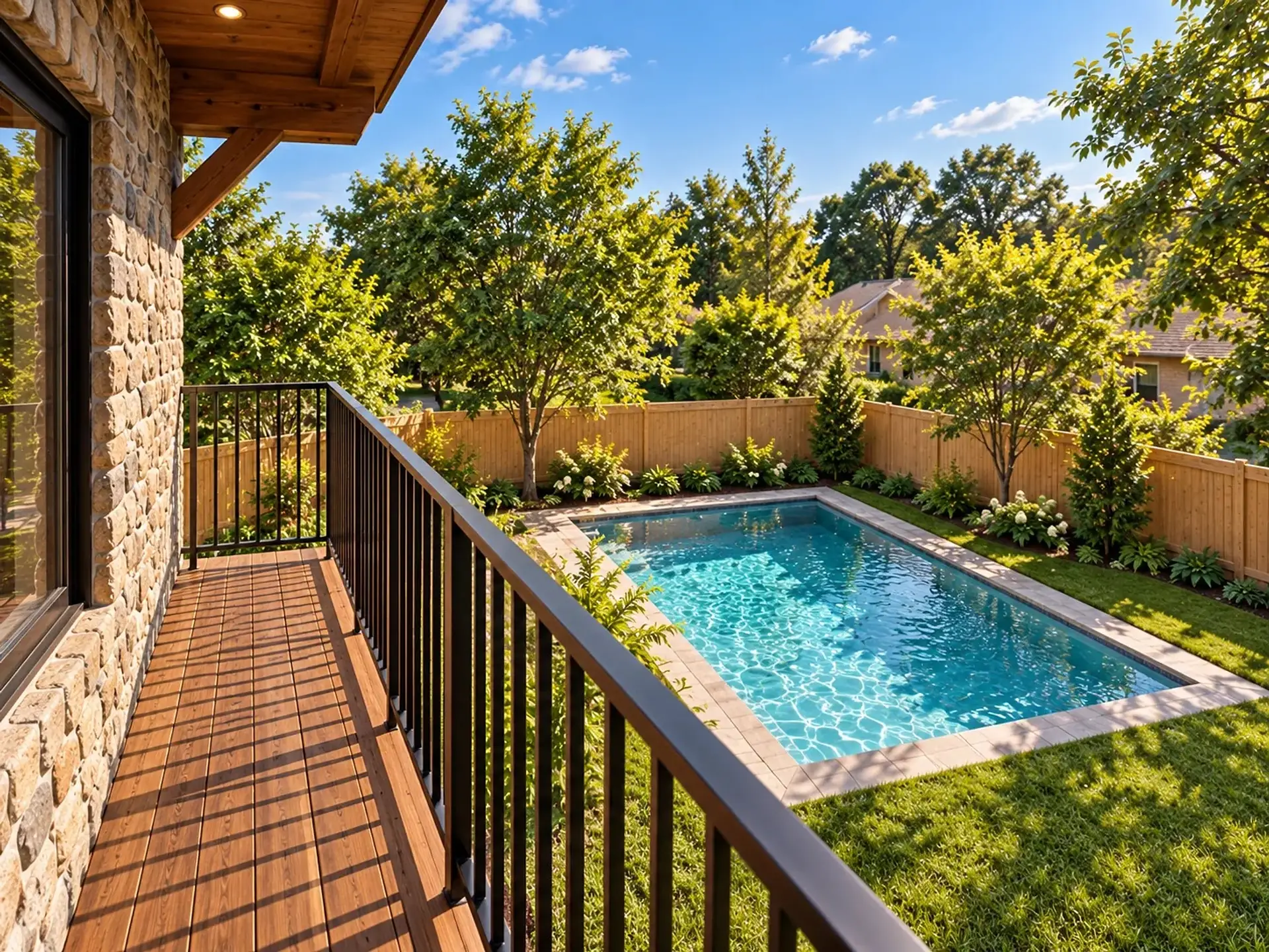 Rendering of the ADU 612 deck: wood decking along the stone wall, a black metal railing, and the pool in the fenced yard below.