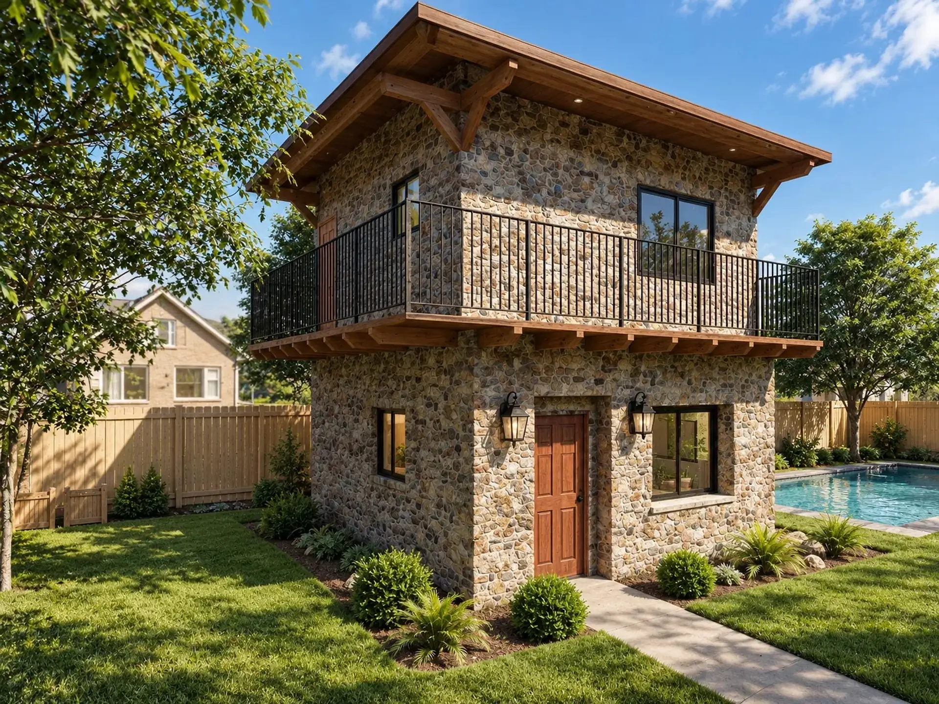 Rendering of the ADU 612 exterior: a two-story stone unit with a wood front door between two lanterns, a deck with a black metal railing wrapping the upper floor, and a pool beside it.