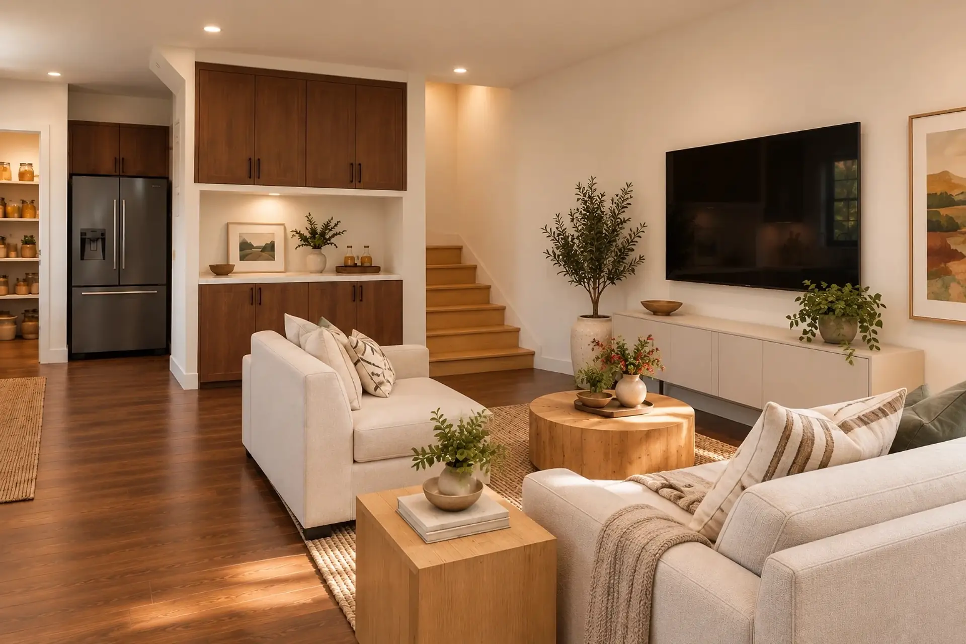 Rendering of the ADU 612 great room: a sofa and chair around a round wood table, the TV on the side wall, and the built-in and stair behind.