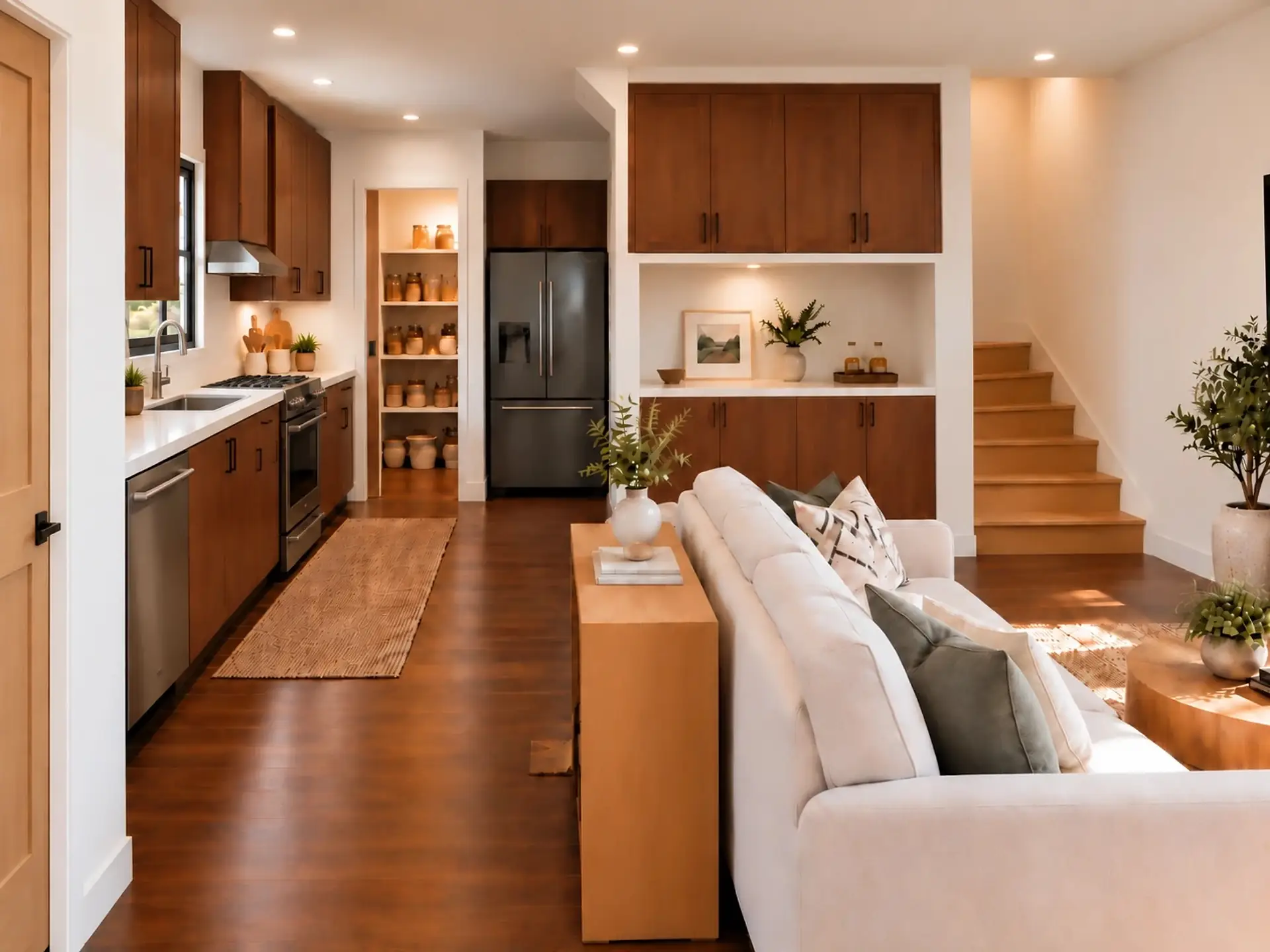 Rendering of the ADU 612 great room looking toward the kitchen: the sofa in front, the kitchen run on the left, then the pantry, the fridge in its niche, a built-in, and the stair on the right.