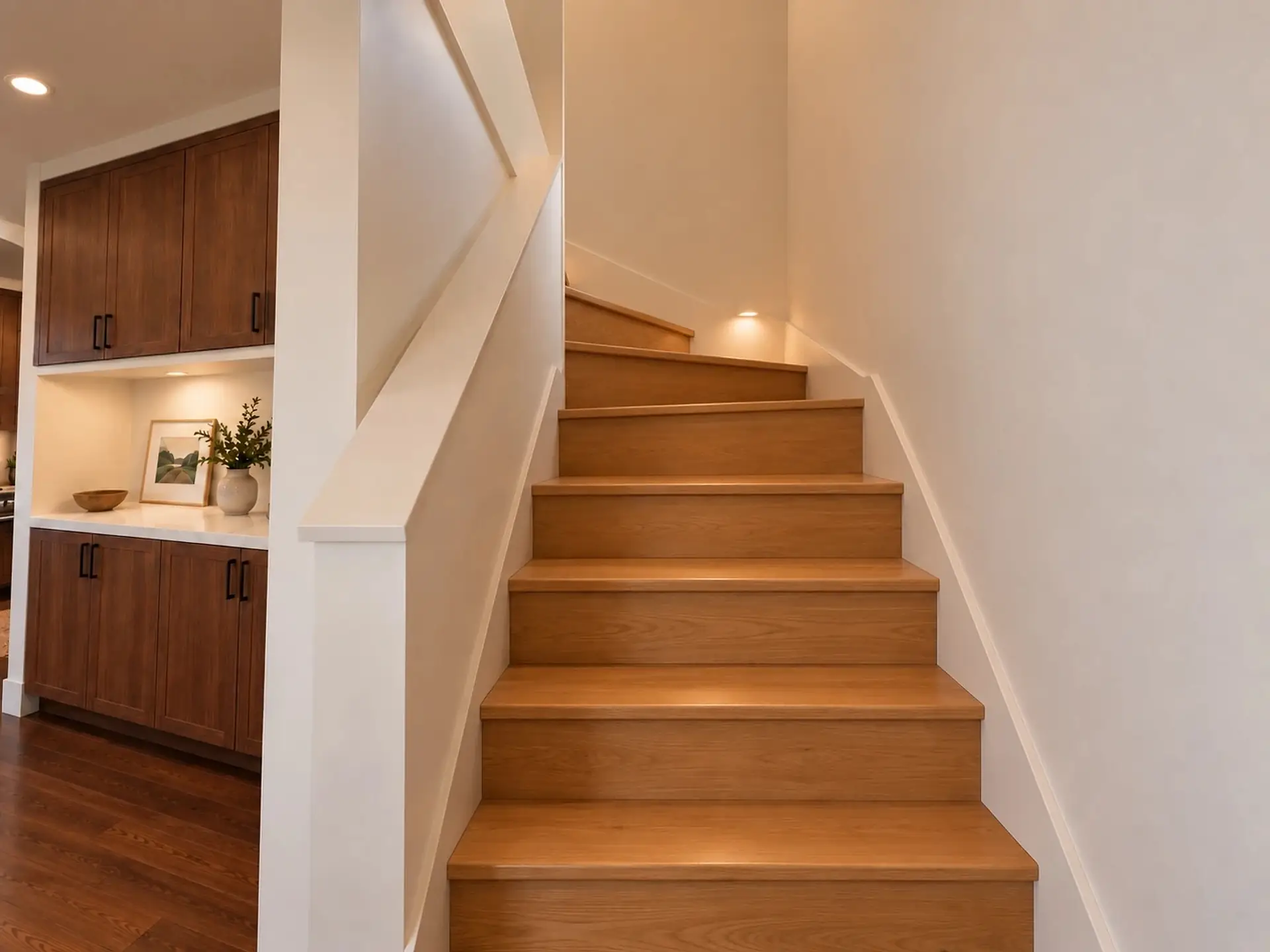 Rendering of the ADU 612 stair: oak treads rising beside the built-in, turning at the top.