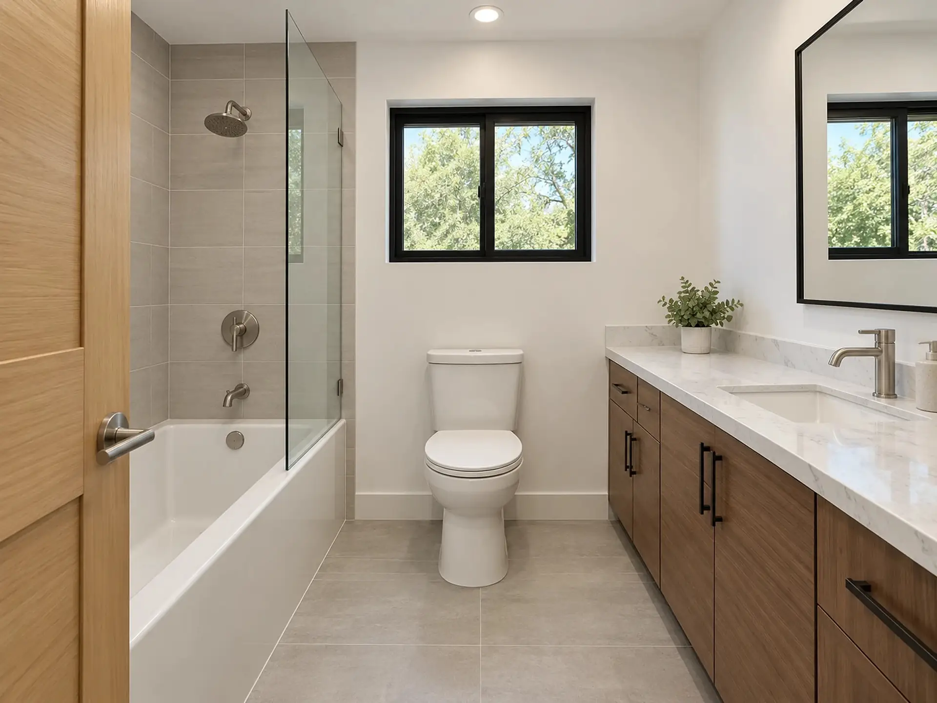 Rendering of the ADU 730 downstairs bath from its doorway: a tub-shower with a glass panel along the left wall, the toilet under a black-framed window on the back wall, and a walnut vanity with a marble-look top and a mirror along the right wall.