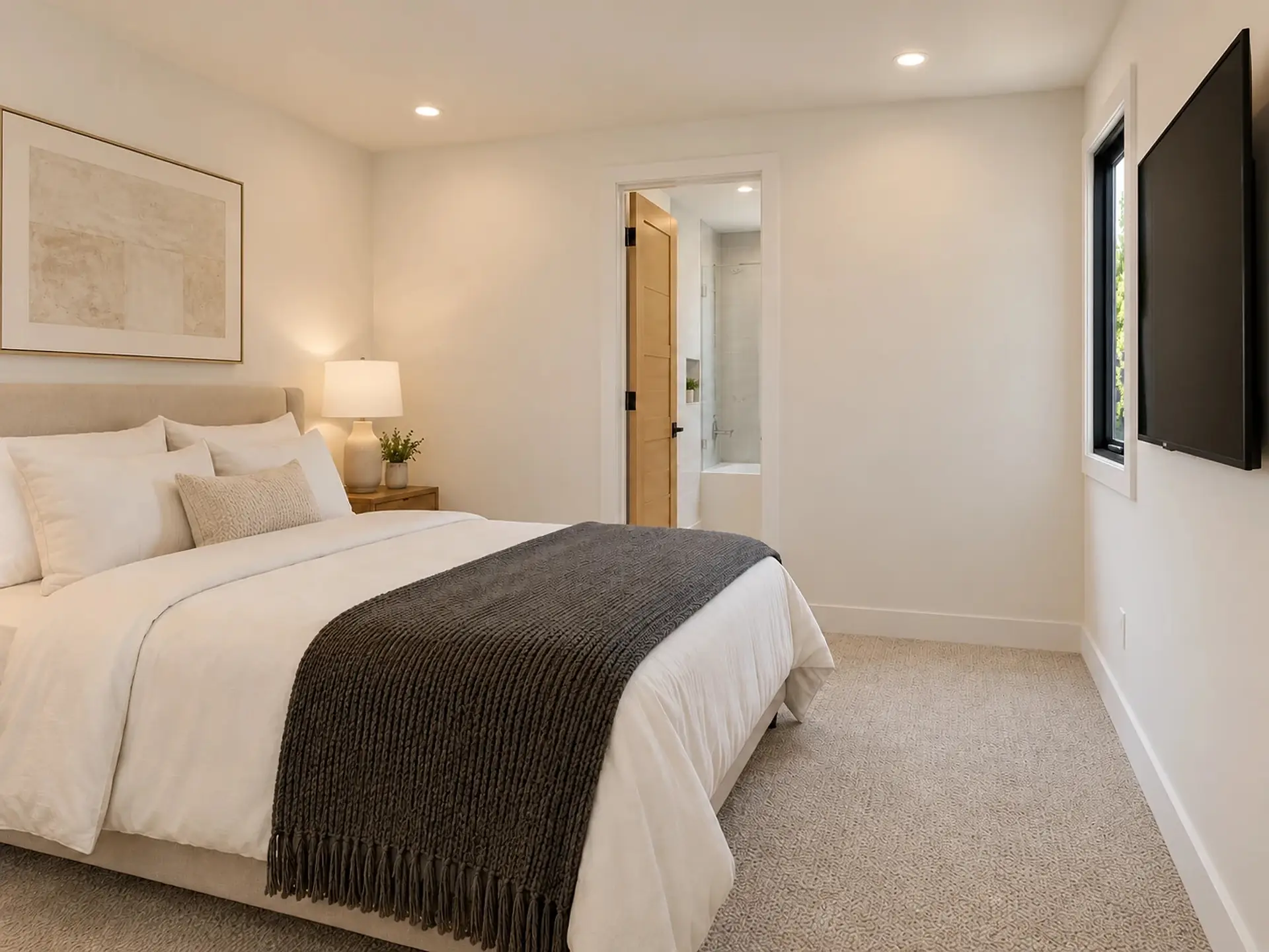 Rendering of the ADU 730 downstairs bedroom: a queen bed with a charcoal knit throw against the left wall, a nightstand and lamp, the oak bath door open in the far wall, and on the right wall a narrow black-framed window and the TV.