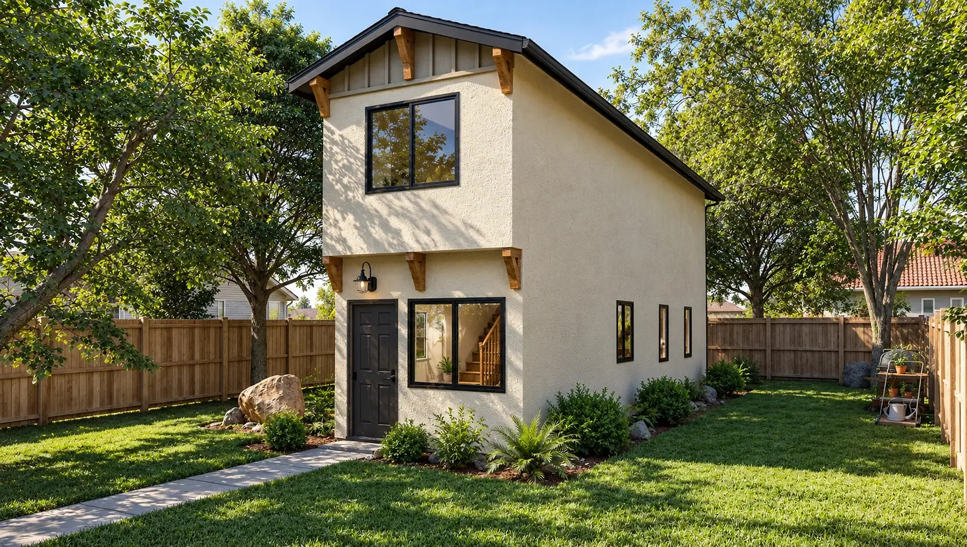 Rendering of the ADU 730 from its front corner in the craftsman style: board-and-batten siding in the gable over cream stucco, wood brackets under the eaves and the upper floor, a black six-panel front door at the corner, a wide window beside it, and three narrow windows down the side wall.