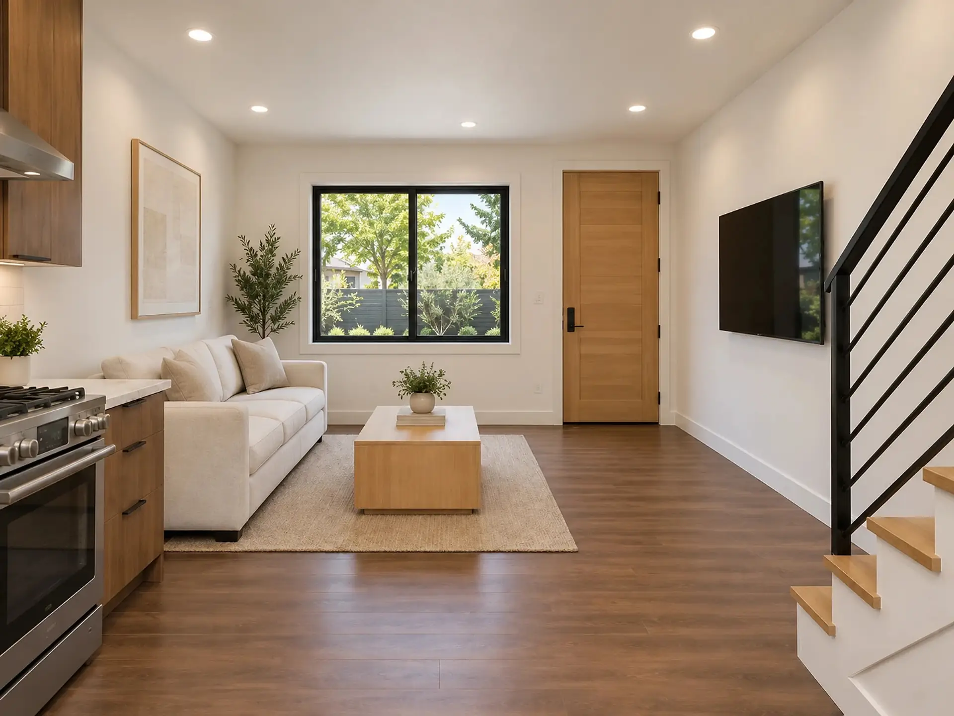 Rendering of the ADU 730 great room toward the front: a white sofa on the left wall facing the TV on the right wall, an oak coffee table on a jute rug, a black-framed window and the light oak front door on the front wall, the range at the left edge and the stair’s black railing at the right.