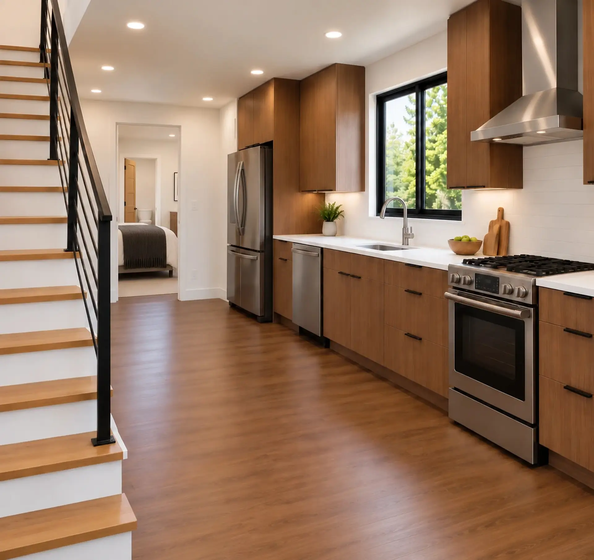 Rendering of the ADU 730 kitchen from the foot of the stair: oak treads with a black railing on the left, walnut cabinets on the right with the range, the sink under a black-framed window, the dishwasher and a stainless fridge, and the bedroom through the doorway at the end.