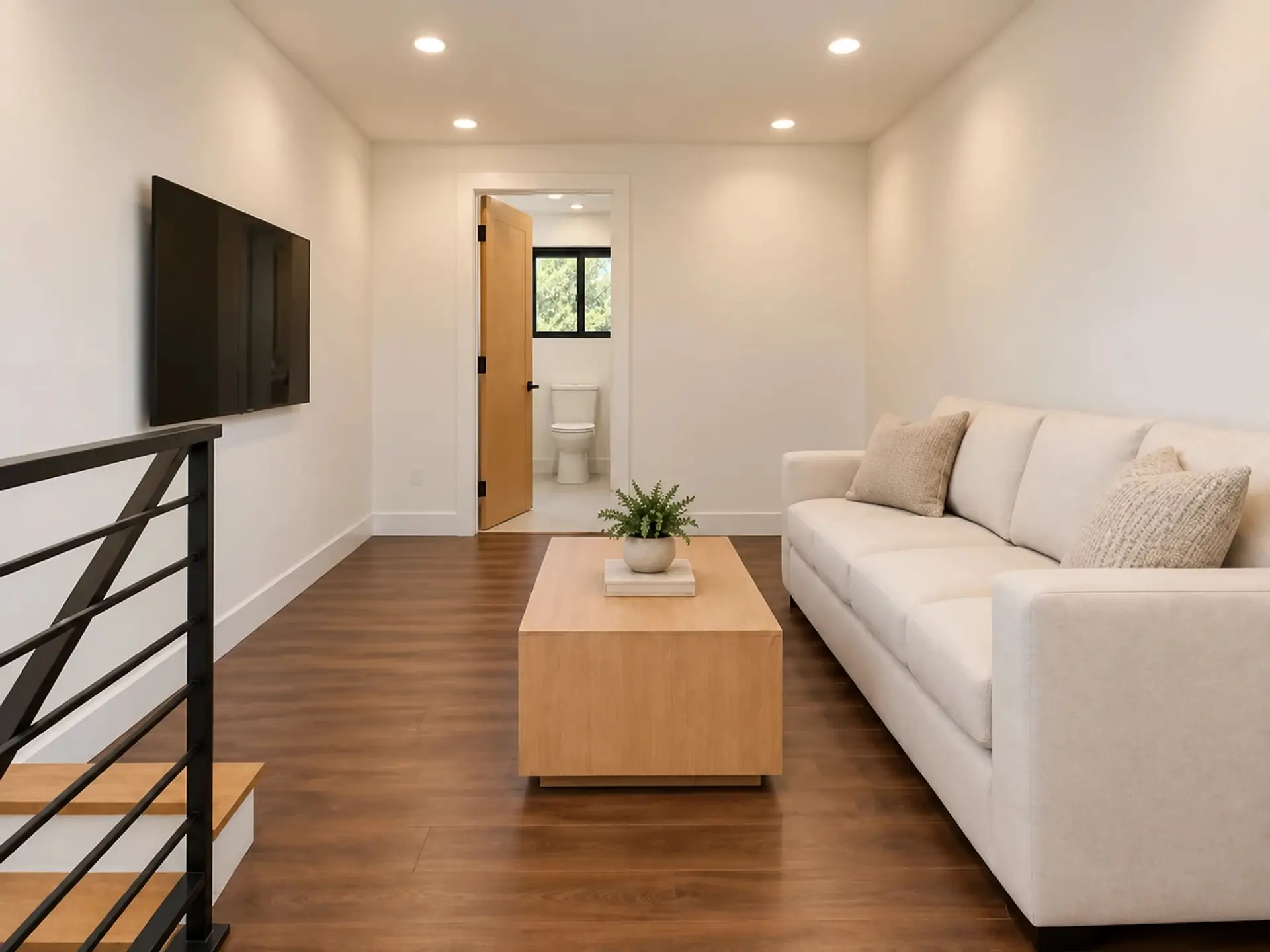 Rendering of the ADU 730 loft from the top of the stair: the stair’s black railing in front, the TV on the left wall, a white sofa on the right wall facing it, an oak coffee table, and the bath door open at the end with the toilet under its window.