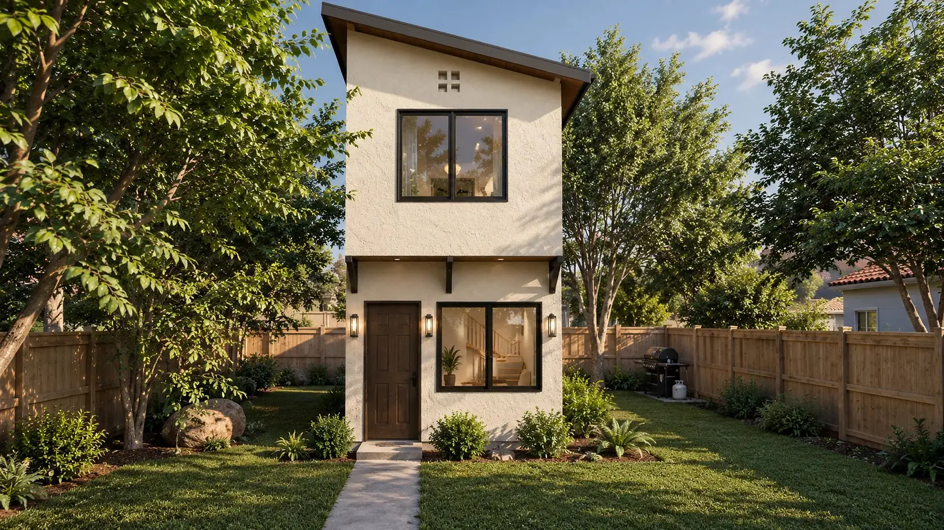 Rendering of the ADU 730 front in the modern style: cream stucco under a dark single-slope roof, a small four-pane vent and a window upstairs, black brackets under the upper floor, and a wood front door and a wide window between wall lights, at the end of a concrete walk.